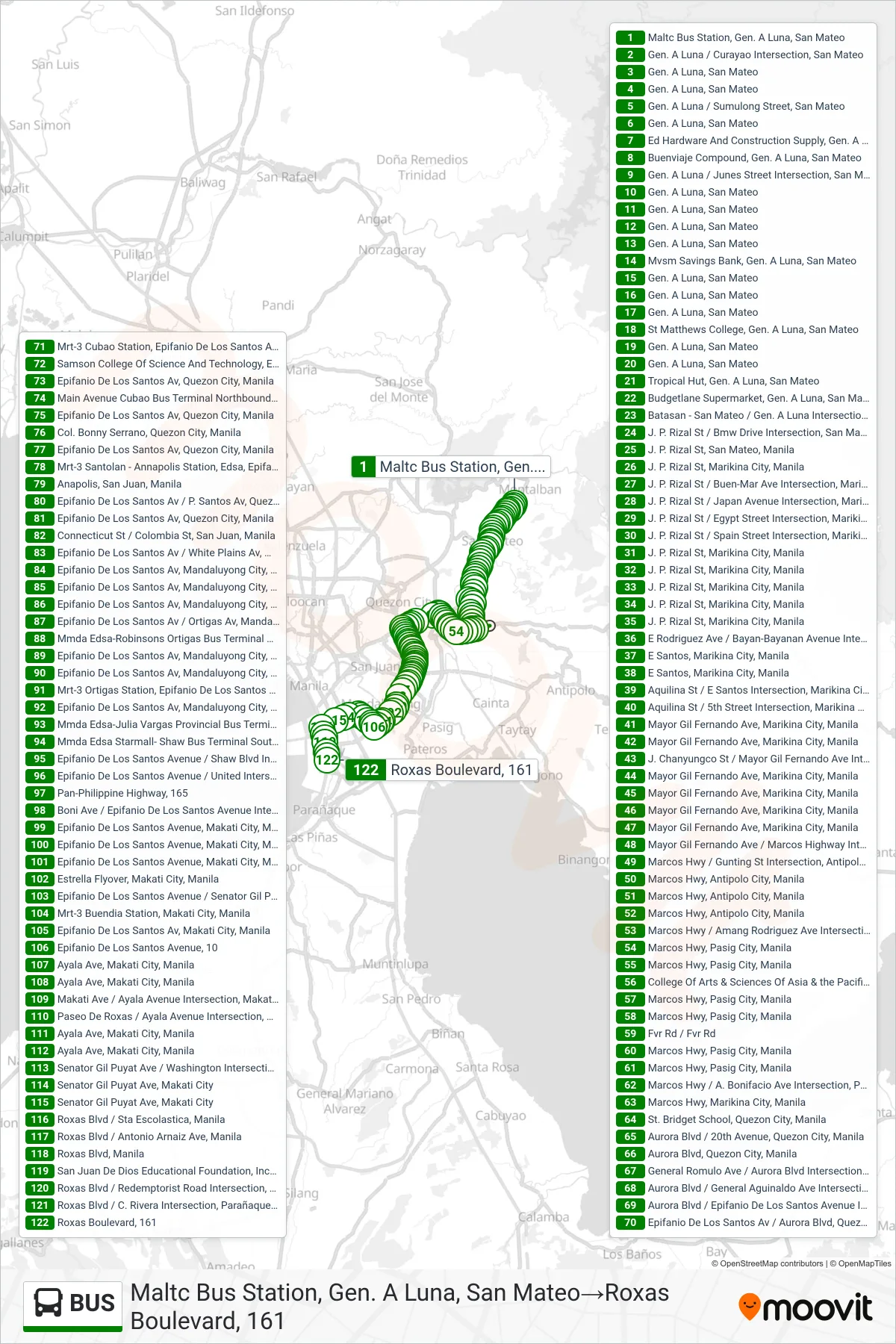 BUS bus Line (Maltc Bus Station, Gen. A Luna, San Mateo→Roxas Boulevard, 161) route and stops on a map