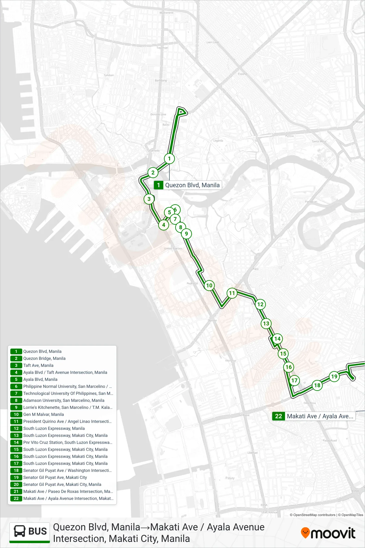 BUS bus Line (Quezon Blvd, Manila→Makati Ave / Ayala Avenue Intersection, Makati City, Manila) route and stops on a map