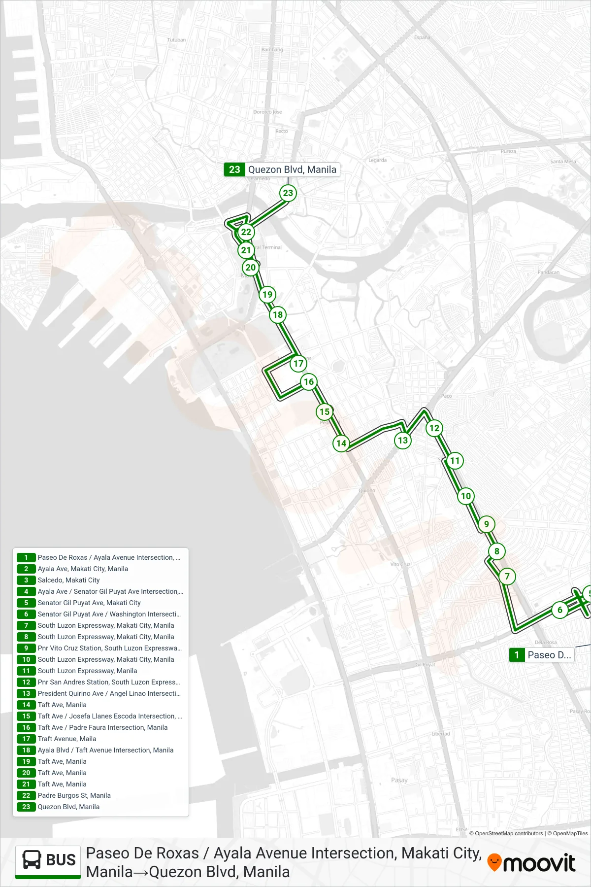 BUS bus Line (Paseo De Roxas / Ayala Avenue Intersection, Makati City, Manila→Quezon Blvd, Manila) route and stops on a map