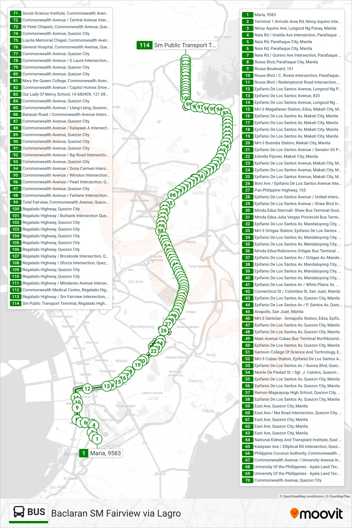 BUS bus Line (Maria, 9583→Sm Public Transport Terminal, Regalado Highway, Quezon City) route and stops on a map