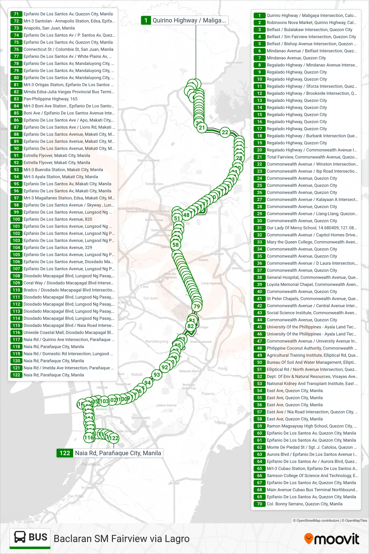 BUS bus Line (Quirino Highway / Maligaya Intersection, Caloocan City‎→Naia Rd, Parañaque City, Manila) route and stops on a map