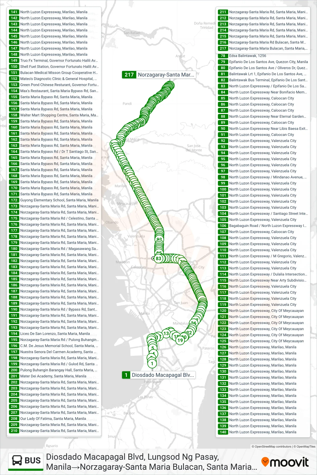 BUS bus Line (Diosdado Macapagal Blvd, Lungsod Ng Pasay, Manila→Norzagaray-Santa Maria Bulacan, Santa Maria, Manila) route and stops on a map
