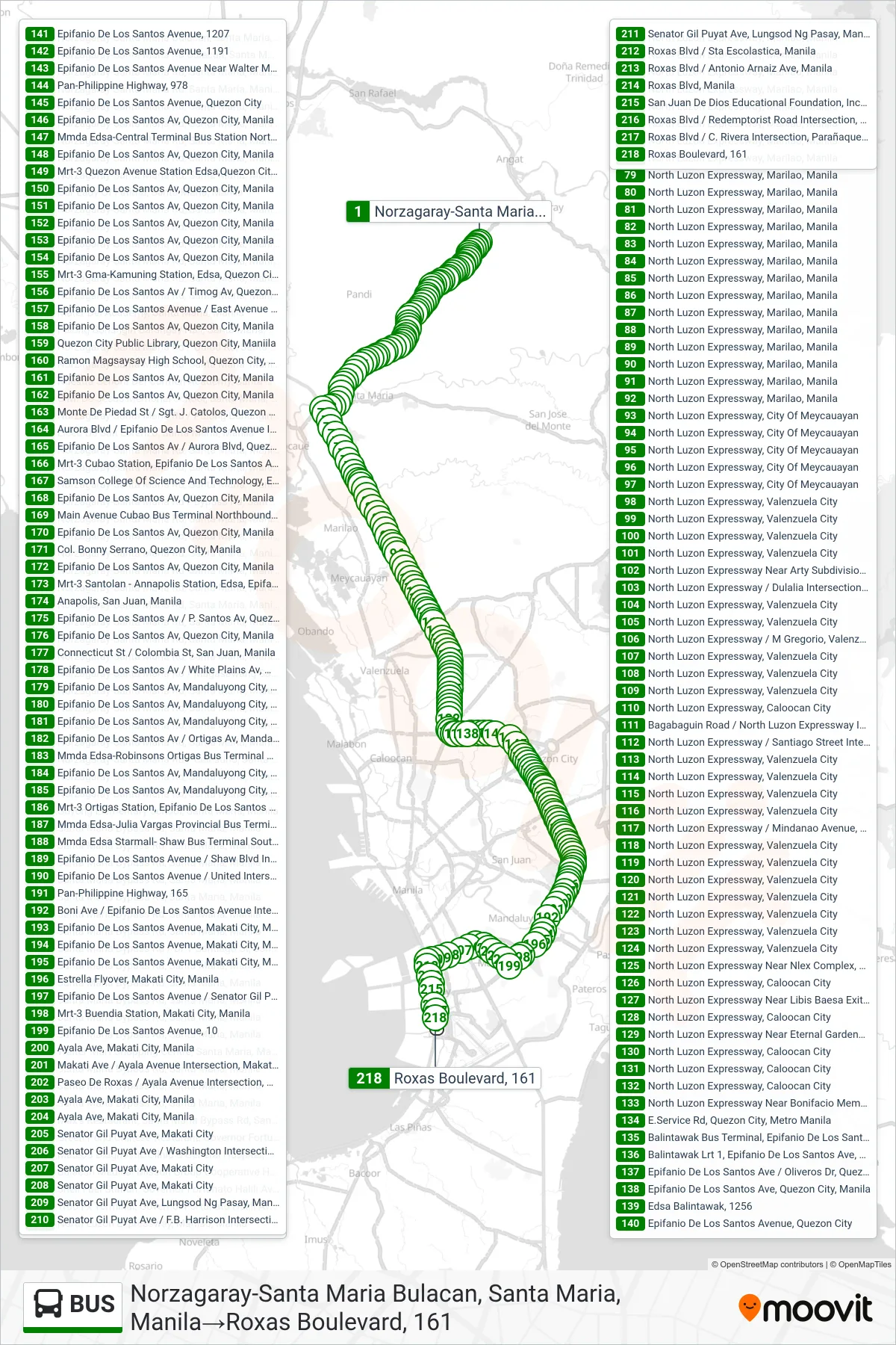 BUS bus Line (Norzagaray-Santa Maria Bulacan, Santa Maria, Manila→Roxas Boulevard, 161) route and stops on a map