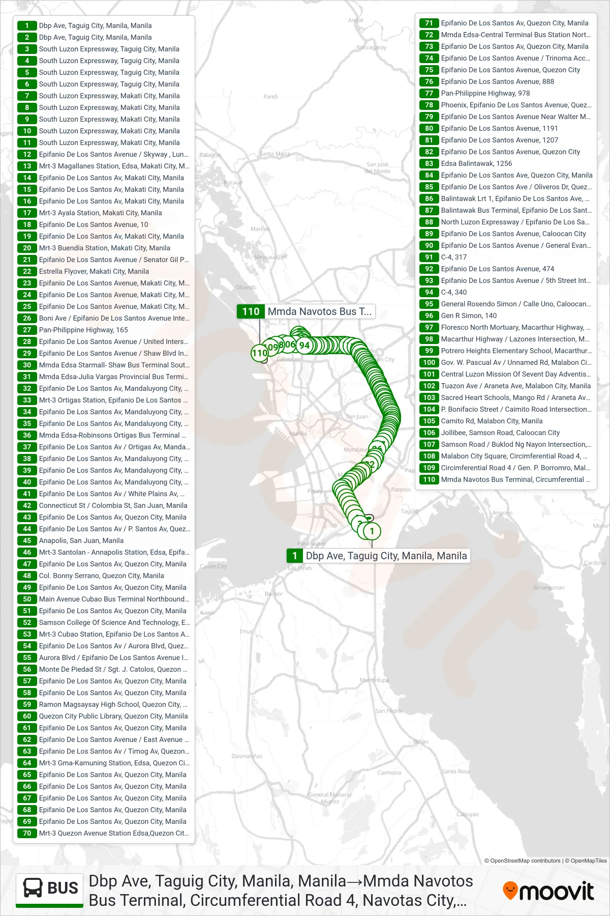 BUS bus Line (Dbp Ave, Taguig City, Manila, Manila→Mmda Navotos Bus Terminal, Circumferential Road 4, Navotas City, Manila) route and stops on a map
