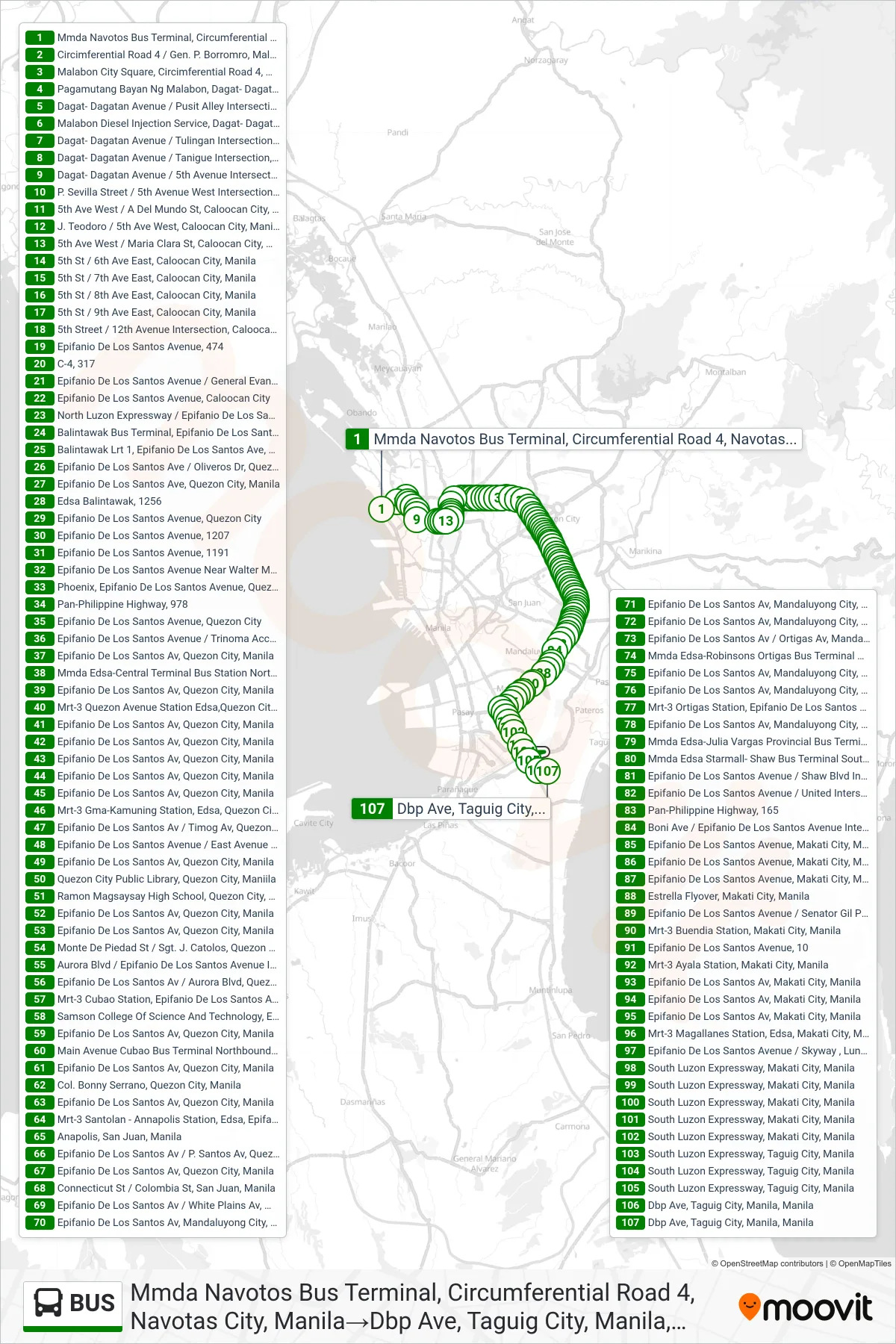 BUS bus Line (Mmda Navotos Bus Terminal, Circumferential Road 4, Navotas City, Manila‎→Dbp Ave, Taguig City, Manila, Manila) route and stops on a map