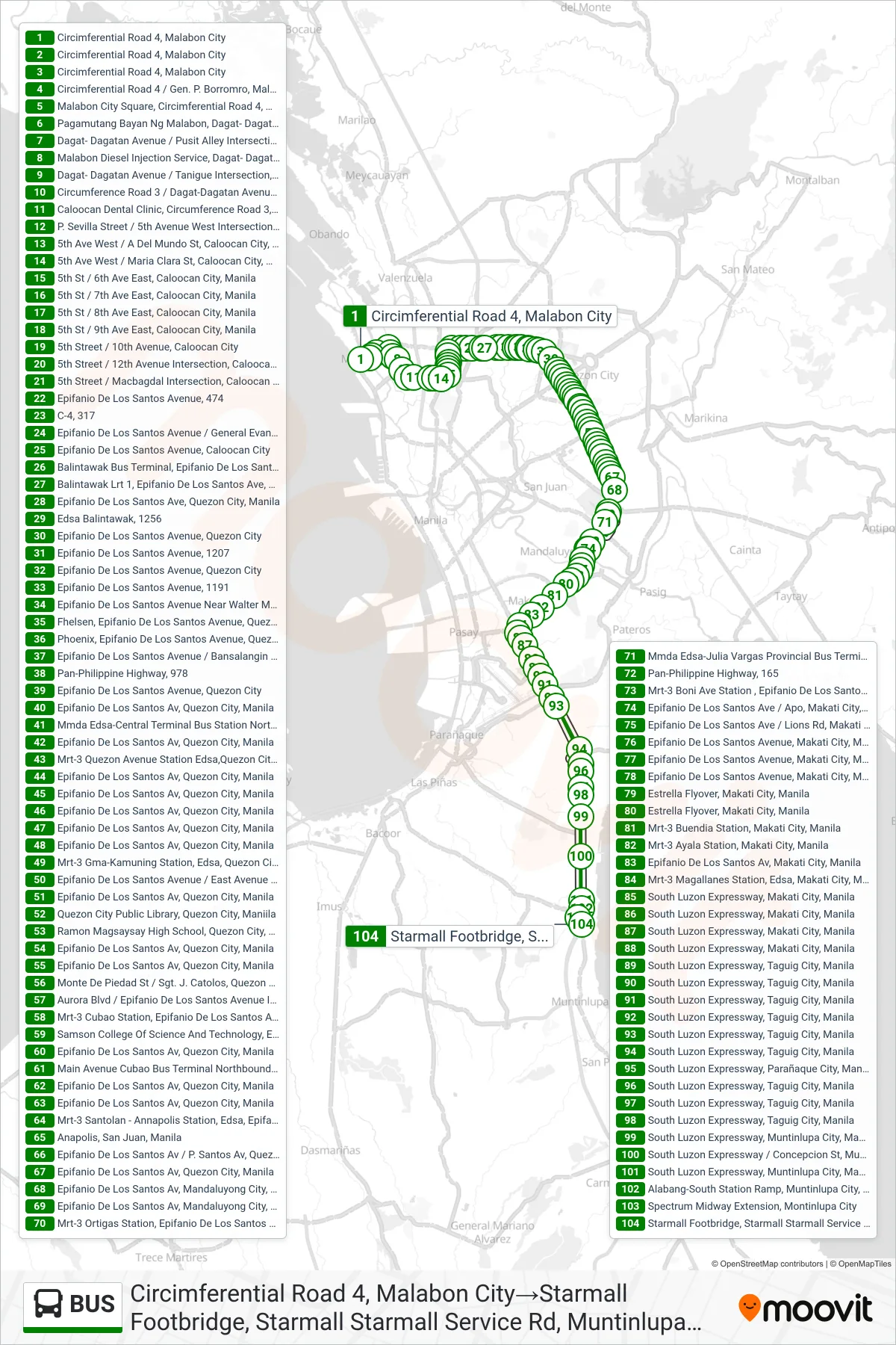 BUS bus Line (Circimferential Road 4, Malabon City‎→Starmall Footbridge, Starmall Starmall Service Rd, Muntinlupa City, Manila) route and stops on a map