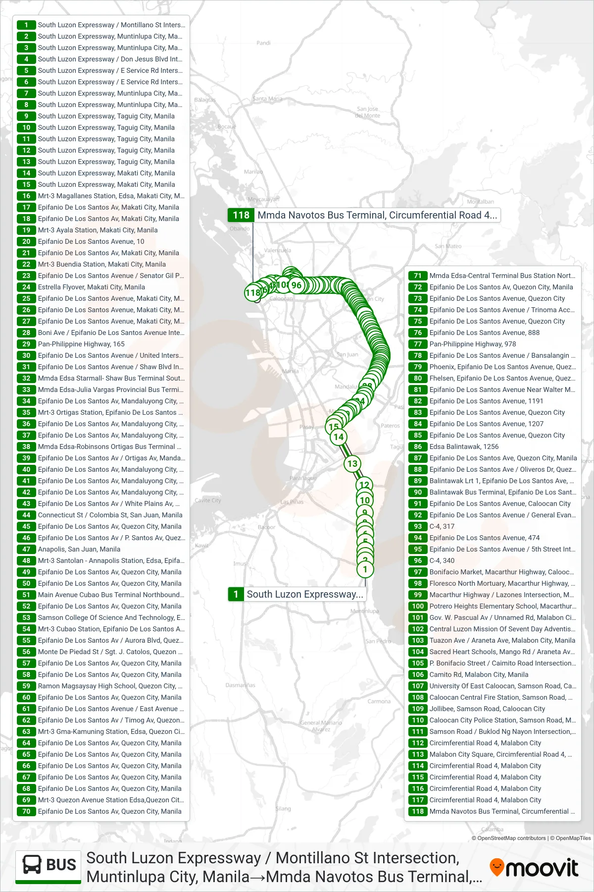 BUS bus Line (South Luzon Expressway / Montillano St Intersection, Muntinlupa City, Manila→Mmda Navotos Bus Terminal, Circumferential Road 4, Navotas City, Manila) route and stops on a map