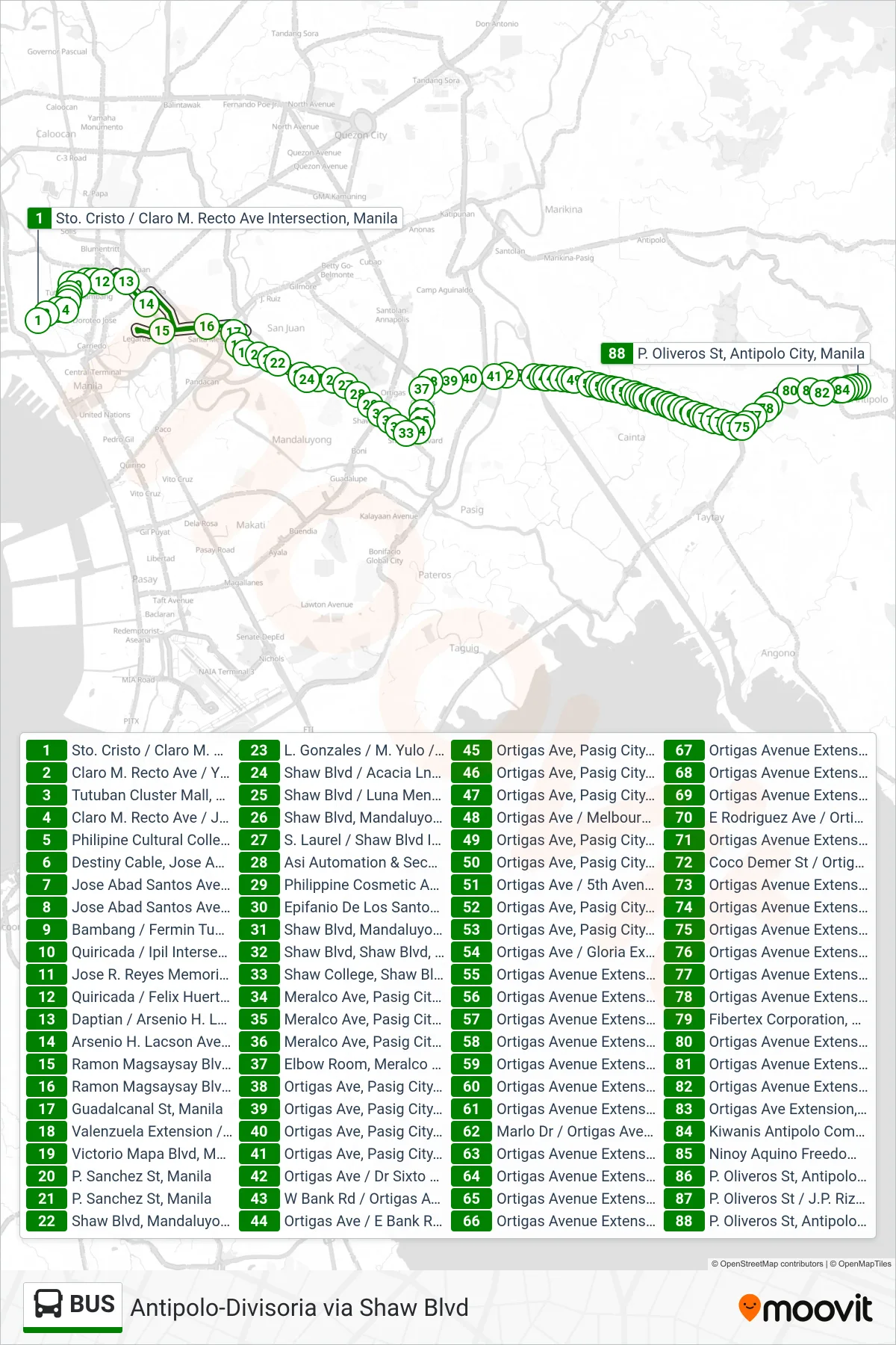 BUS bus Line (Sto. Cristo / Claro M. Recto Ave Intersection, Manila‎→P. Oliveros St, Antipolo City, Manila) route and stops on a map