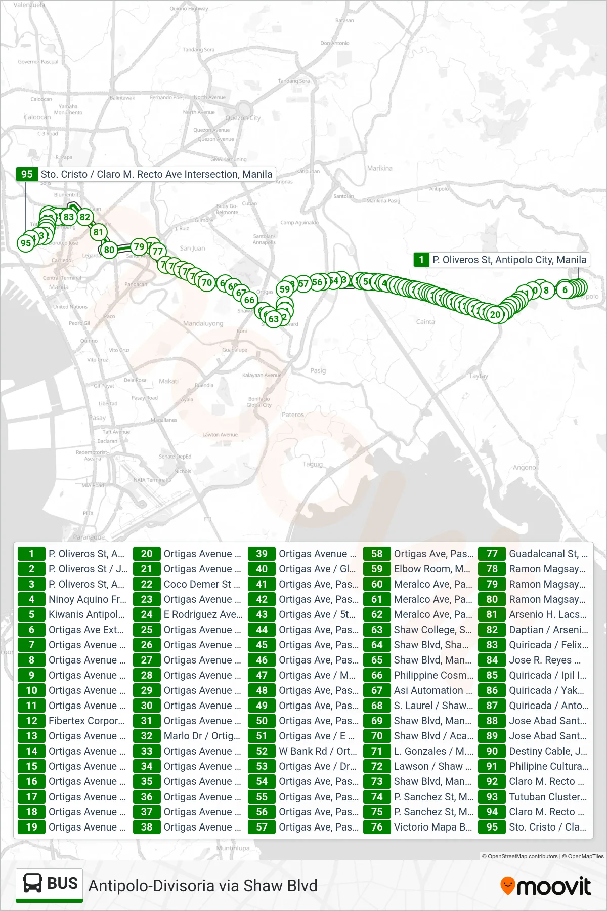 BUS bus Line (P. Oliveros St, Antipolo City, Manila→Sto. Cristo / Claro M. Recto Ave Intersection, Manila) route and stops on a map