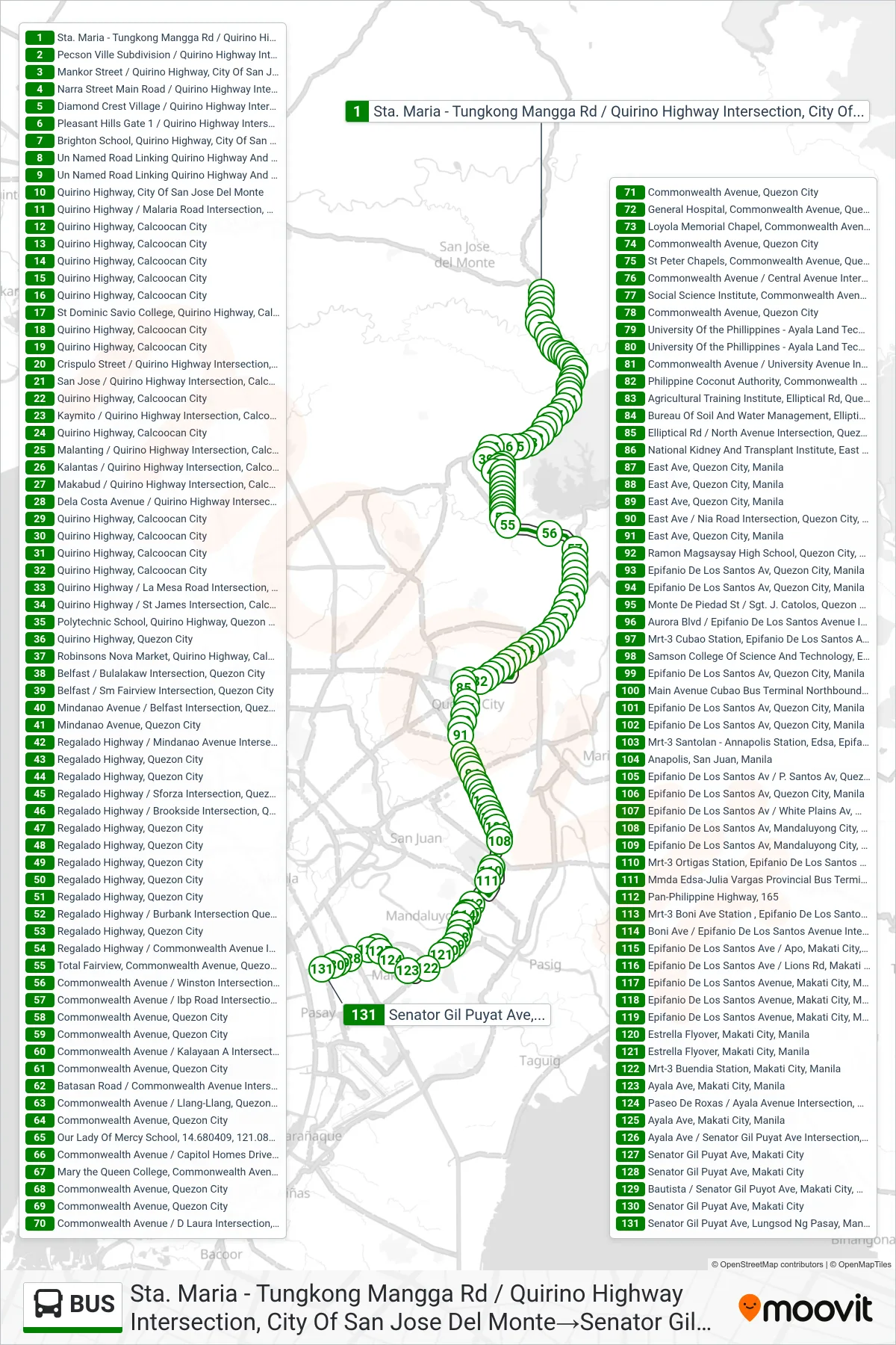 BUS bus Line (Sta. Maria - Tungkong Mangga Rd / Quirino Highway Intersection, City Of San Jose Del Monte→Senator Gil Puyat Ave, Lungsod Ng Pasay, Manila) route and stops on a map