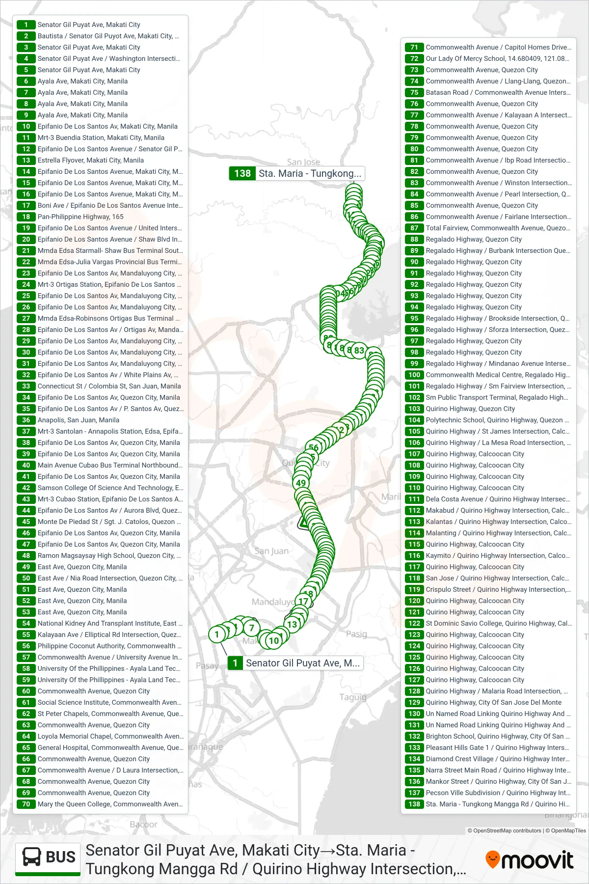 BUS bus Line (Senator Gil Puyat Ave, Makati City→Sta. Maria - Tungkong Mangga Rd / Quirino Highway Intersection, City Of San Jose Del Monte) route and stops on a map
