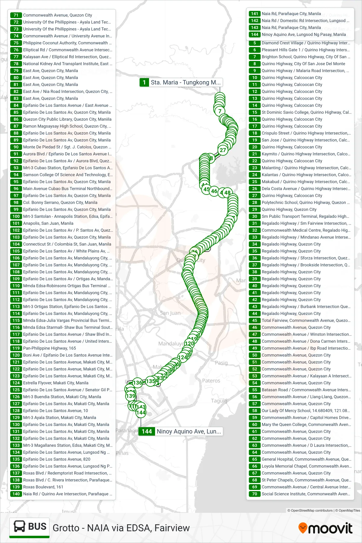 BUS bus Line (Sta. Maria - Tungkong Mangga Rd / Quirino Highway Intersection, City Of San Jose Del Monte‎→Ninoy Aquino Ave, Lungsod Ng Pasay, Manila) route and stops on a map