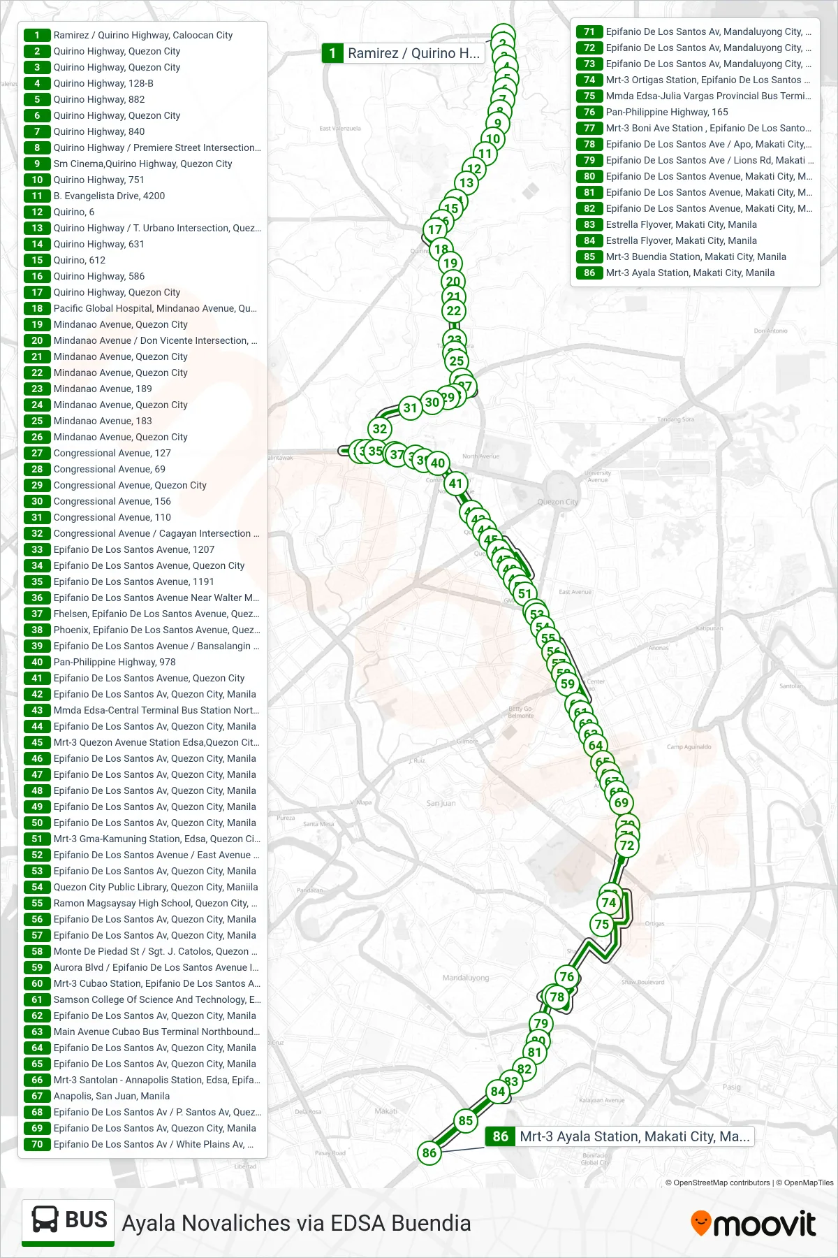 BUS bus Line (Ramirez / Quirino Highway, Caloocan City‎→Mrt-3 Ayala Station, Makati City, Manila) route and stops on a map