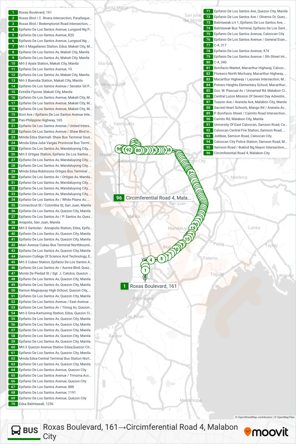 BUS bus Line (Roxas Boulevard, 161‎→Circimferential Road 4, Malabon City) route and stops on a map