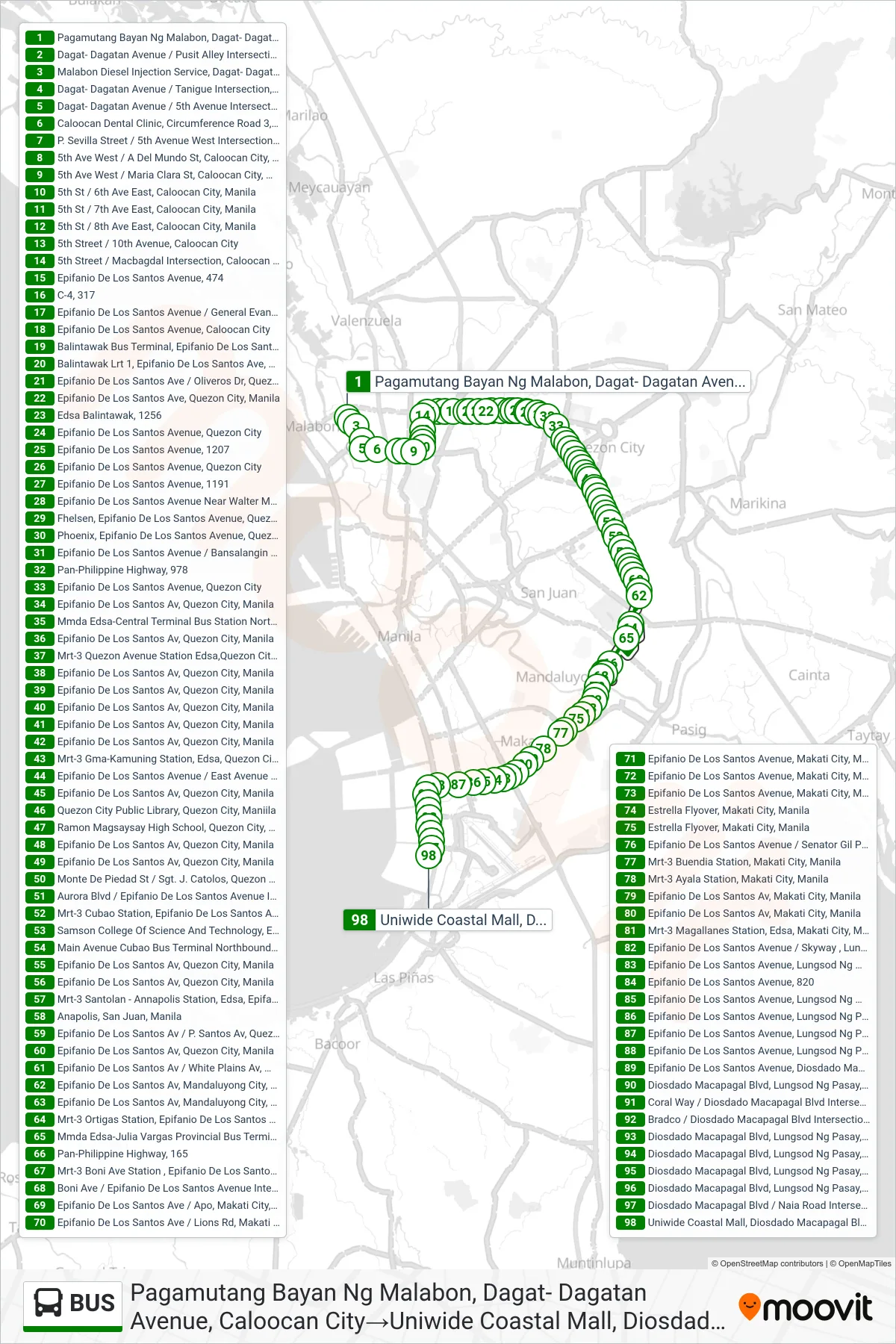 BUS bus Line (Pagamutang Bayan Ng Malabon, Dagat- Dagatan Avenue, Caloocan City→Uniwide Coastal Mall, Diosdado Macapagal Blvd, Parañaque City, Manila) route and stops on a map