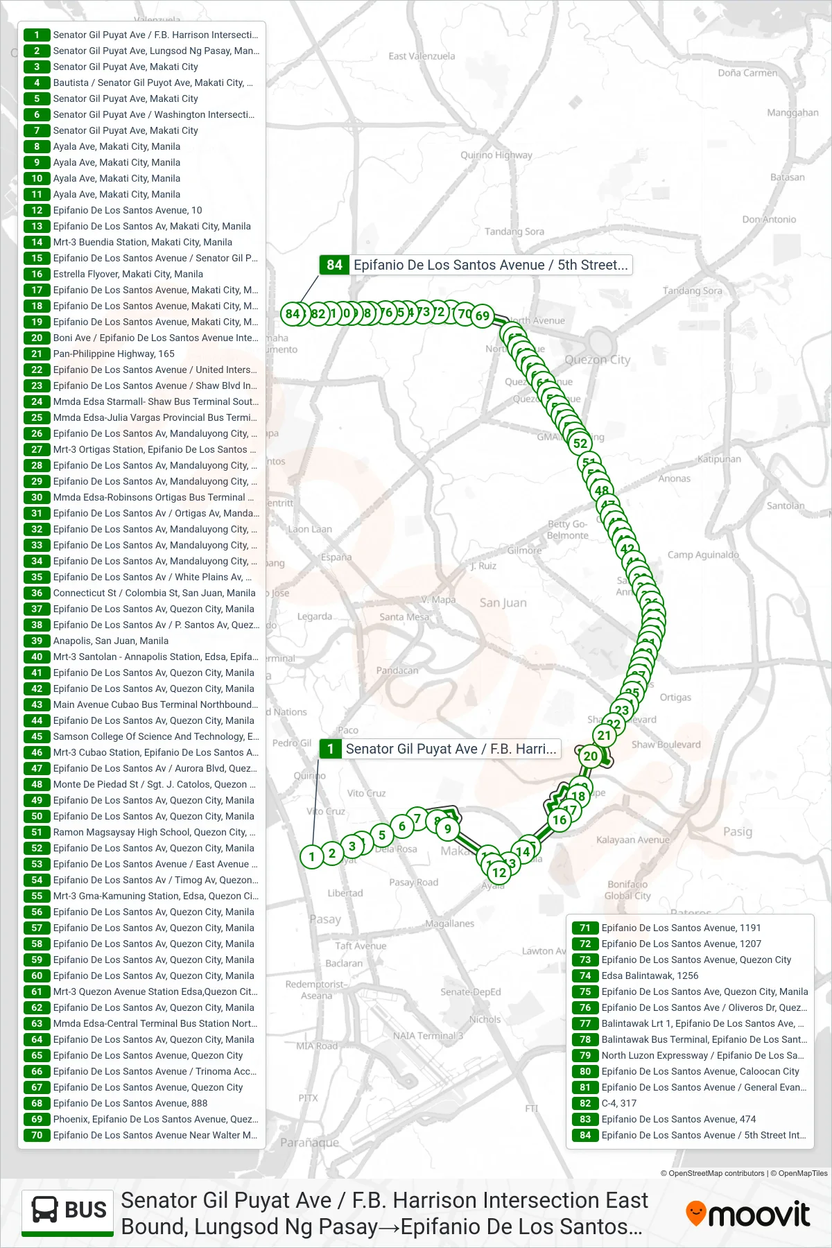 BUS bus Line (Senator Gil Puyat Ave / F.B. Harrison Intersection East Bound, Lungsod Ng Pasay→Epifanio De Los Santos Avenue / 5th Street Intersection , Caloocan City) route and stops on a map