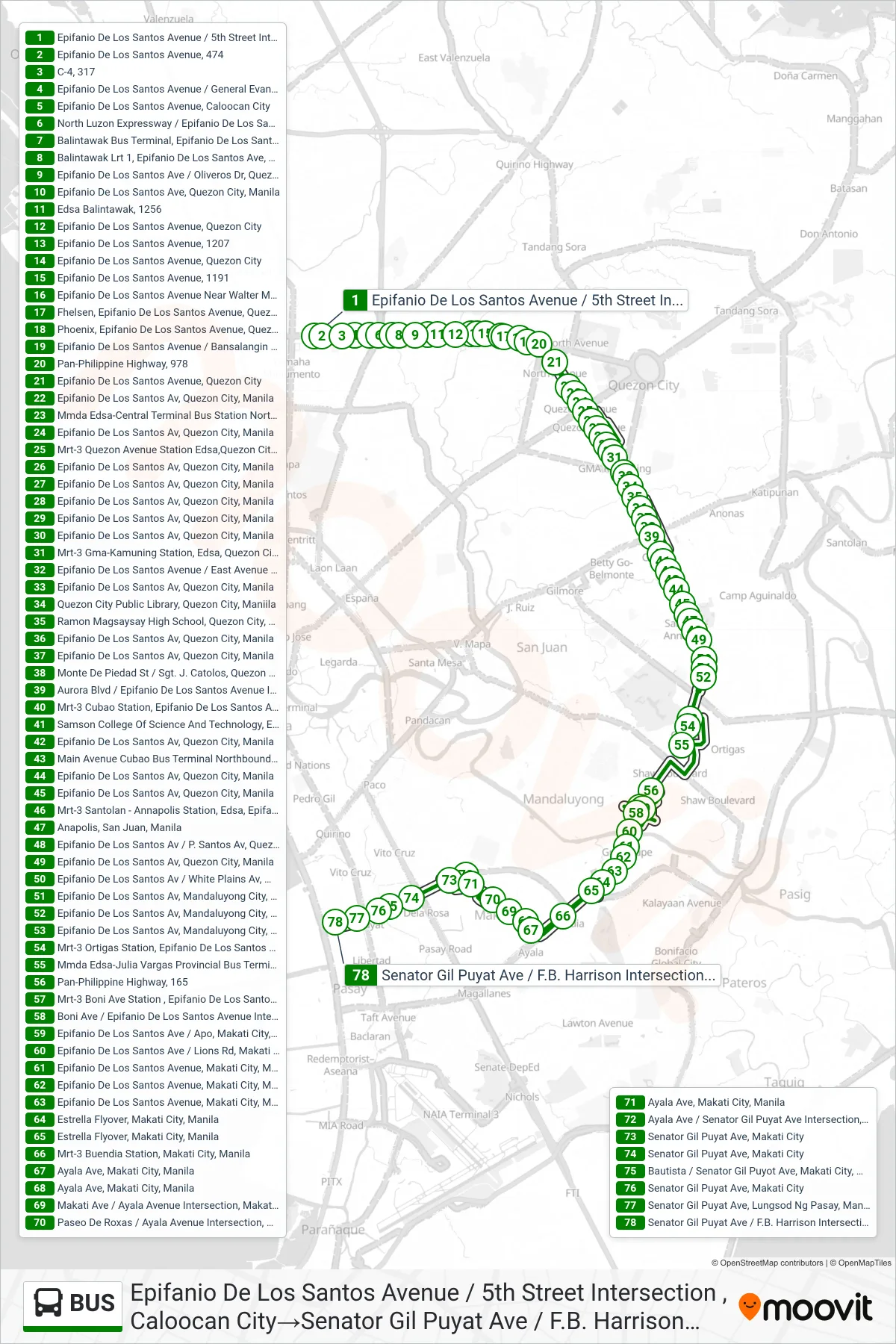 BUS bus Line (Epifanio De Los Santos Avenue / 5th Street Intersection , Caloocan City→Senator Gil Puyat Ave / F.B. Harrison Intersection East Bound, Lungsod Ng Pasay) route and stops on a map