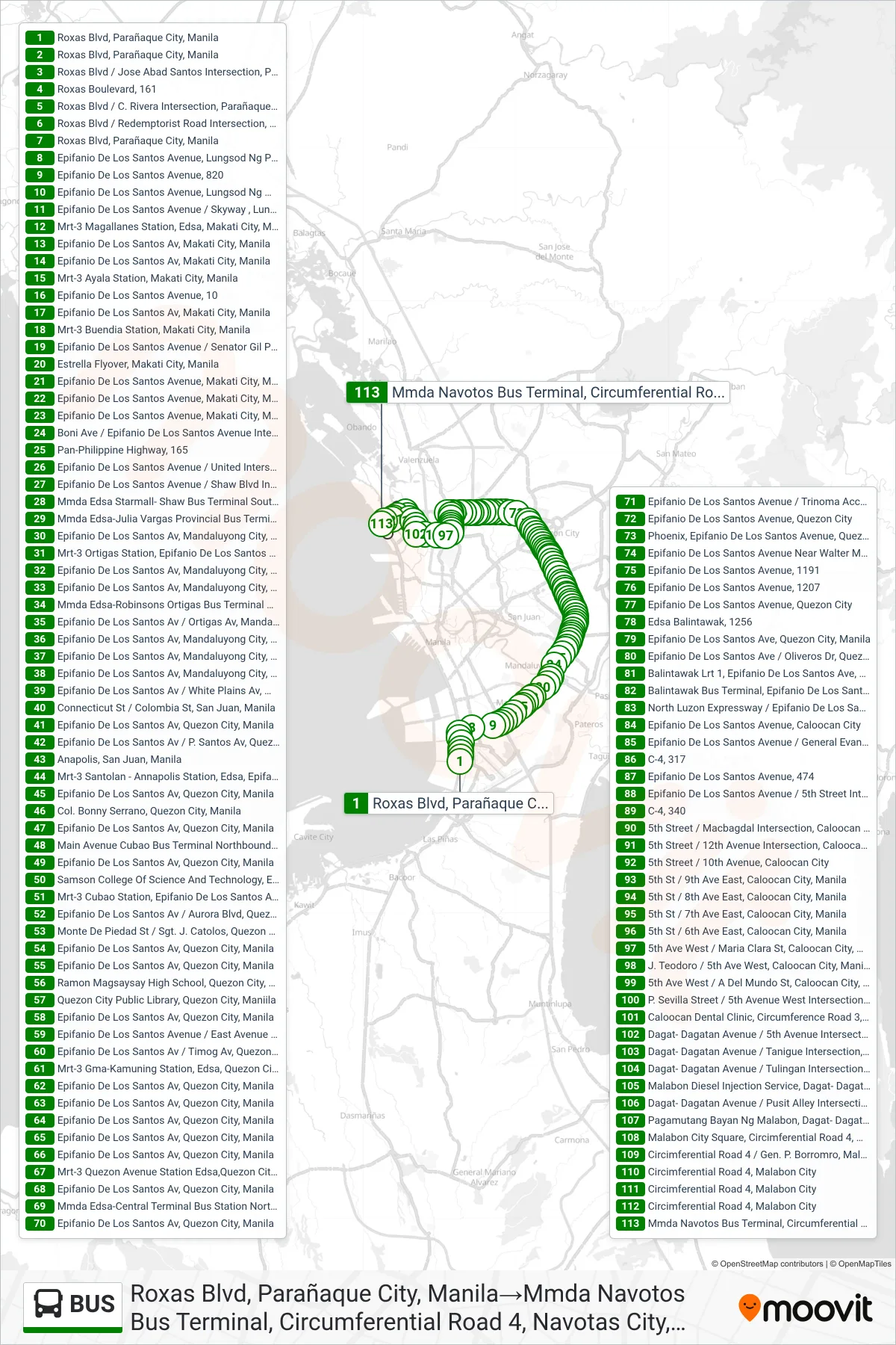 BUS bus Line (Roxas Blvd, Parañaque City, Manila→Mmda Navotos Bus Terminal, Circumferential Road 4, Navotas City, Manila) route and stops on a map