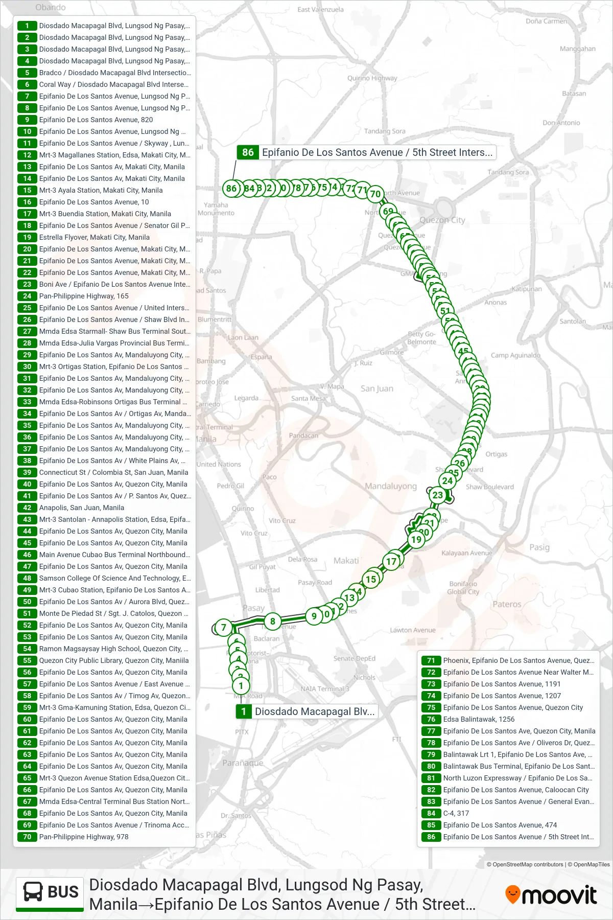 BUS bus Line (Diosdado Macapagal Blvd, Lungsod Ng Pasay, Manila‎→Epifanio De Los Santos Avenue / 5th Street Intersection , Caloocan City) route and stops on a map