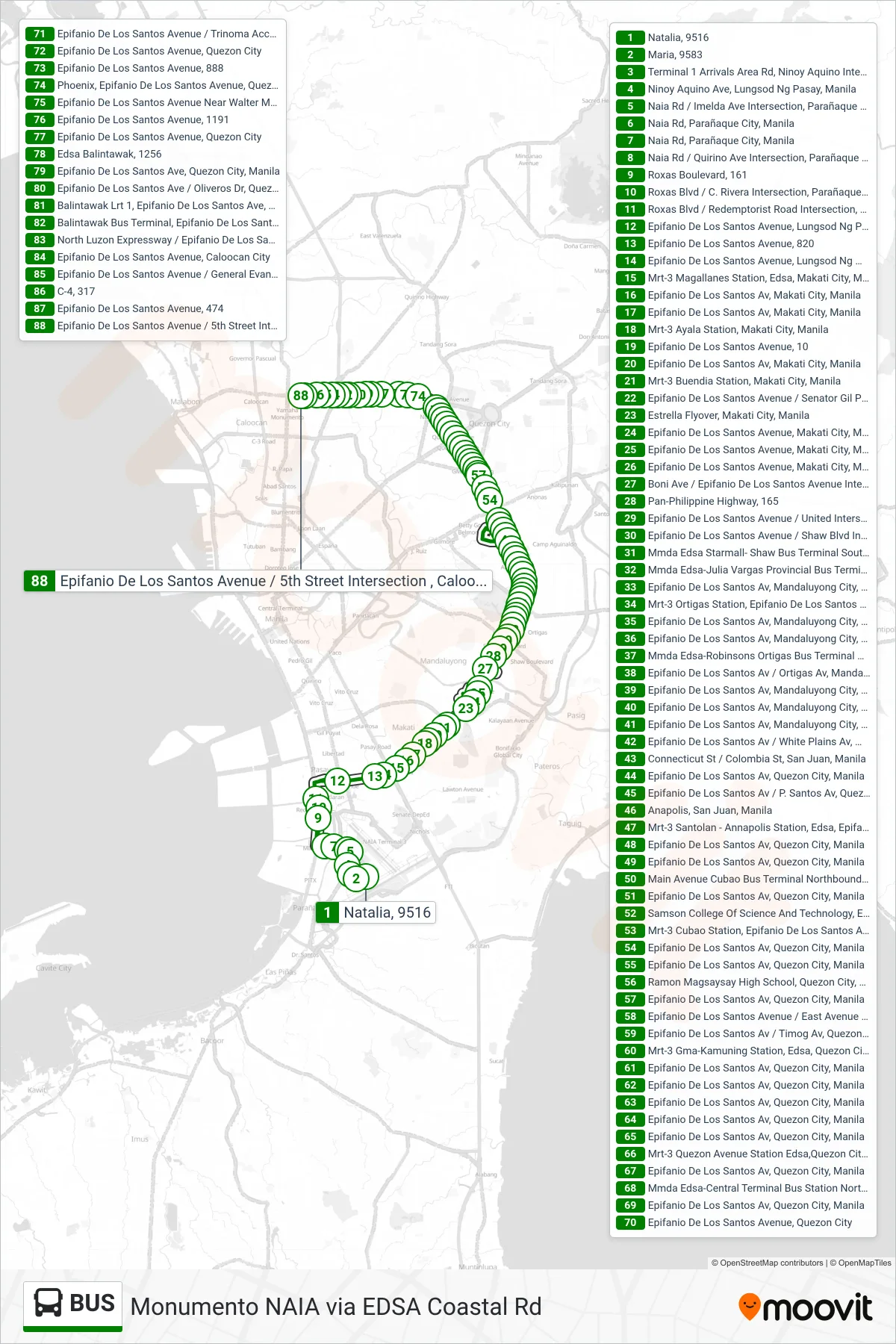 BUS bus Line (Natalia, 9516‎→Epifanio De Los Santos Avenue / 5th Street Intersection , Caloocan City) route and stops on a map