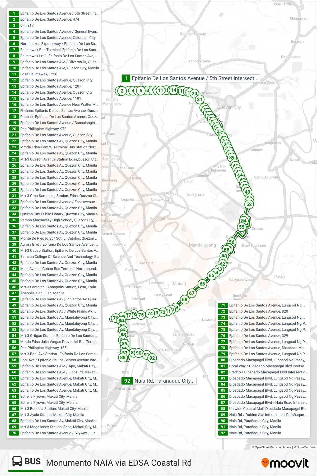 BUS bus Line (Epifanio De Los Santos Avenue / 5th Street Intersection , Caloocan City‎→Naia Rd, Parañaque City, Manila) route and stops on a map
