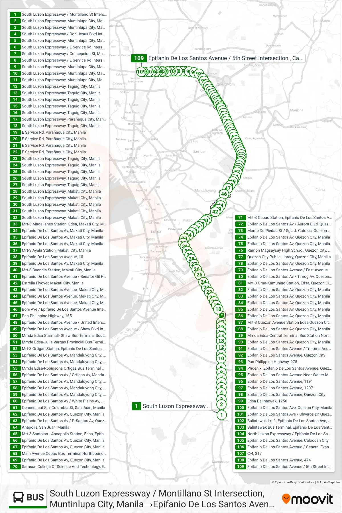 BUS bus Line (South Luzon Expressway / Montillano St Intersection, Muntinlupa City, Manila→Epifanio De Los Santos Avenue / 5th Street Intersection , Caloocan City) route and stops on a map