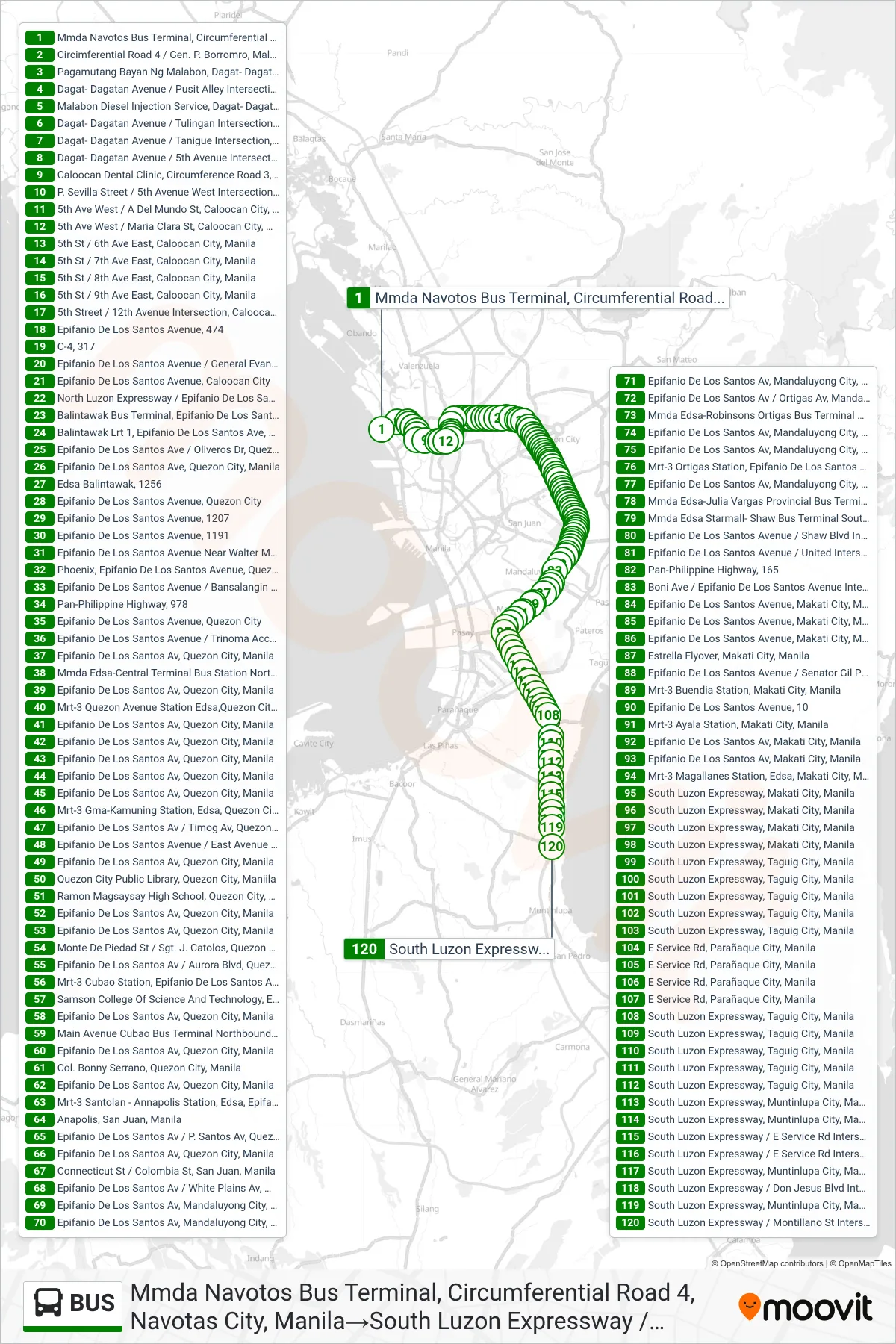 BUS bus Line (Mmda Navotos Bus Terminal, Circumferential Road 4, Navotas City, Manila‎→South Luzon Expressway / Montillano St Intersection, Muntinlupa City, Manila) route and stops on a map