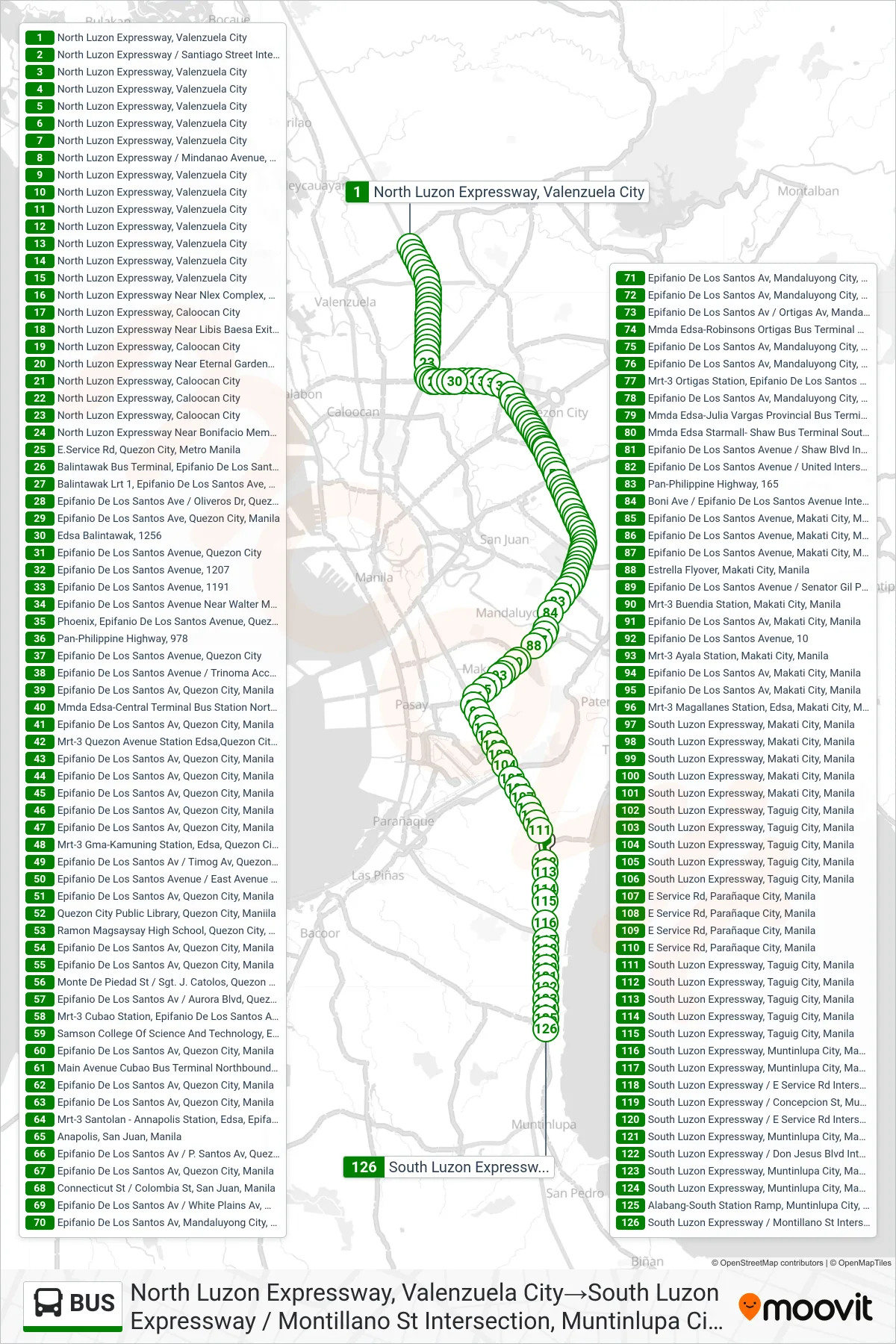 BUS bus Line (North Luzon Expressway, Valenzuela City‎→South Luzon Expressway / Montillano St Intersection, Muntinlupa City, Manila) route and stops on a map