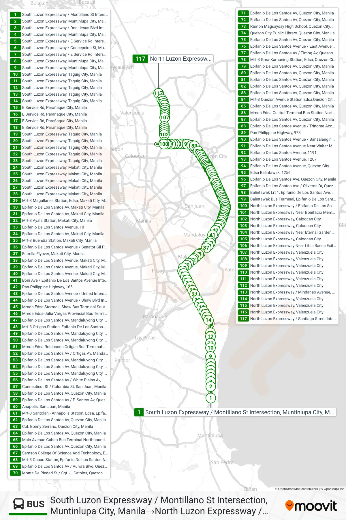 BUS bus Line (South Luzon Expressway / Montillano St Intersection, Muntinlupa City, Manila‎→North Luzon Expressway / Santiago Street Intersection, Valenzuela City) route and stops on a map