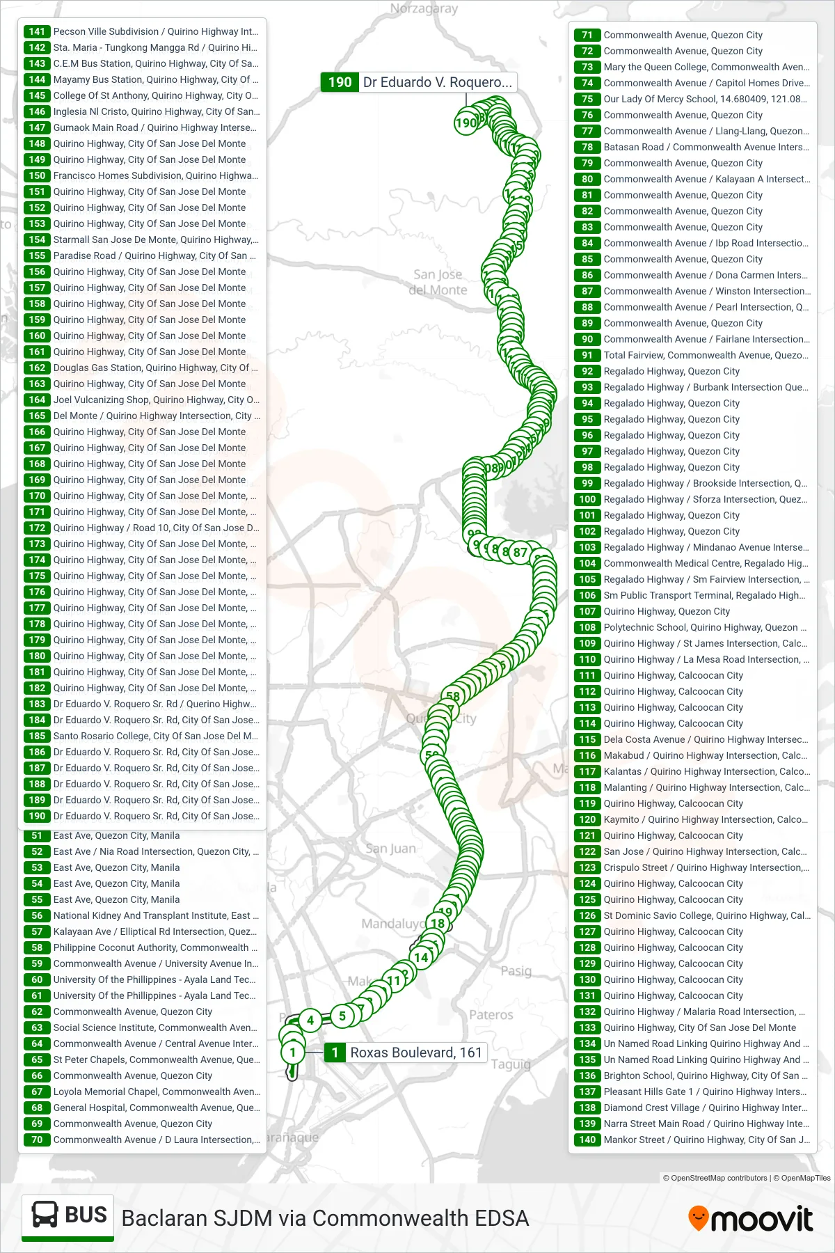 BUS bus Line (Roxas Boulevard, 161→Dr Eduardo V. Roquero Sr. Rd, City Of San Jose Del Monte, Manila) route and stops on a map