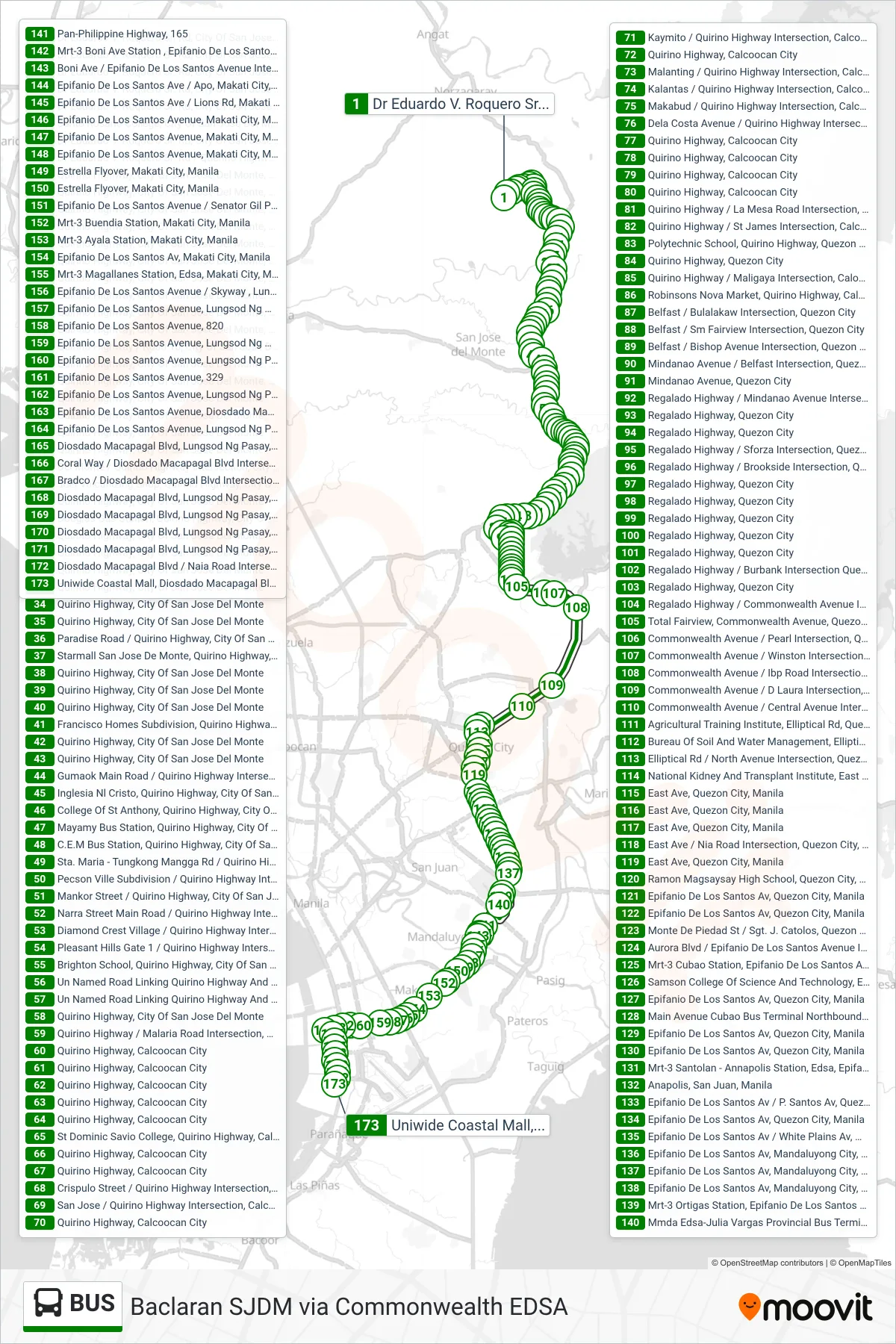 BUS bus Line (Dr Eduardo V. Roquero Sr. Rd, City Of San Jose Del Monte, Manila‎→Uniwide Coastal Mall, Diosdado Macapagal Blvd, Parañaque City, Manila) route and stops on a map