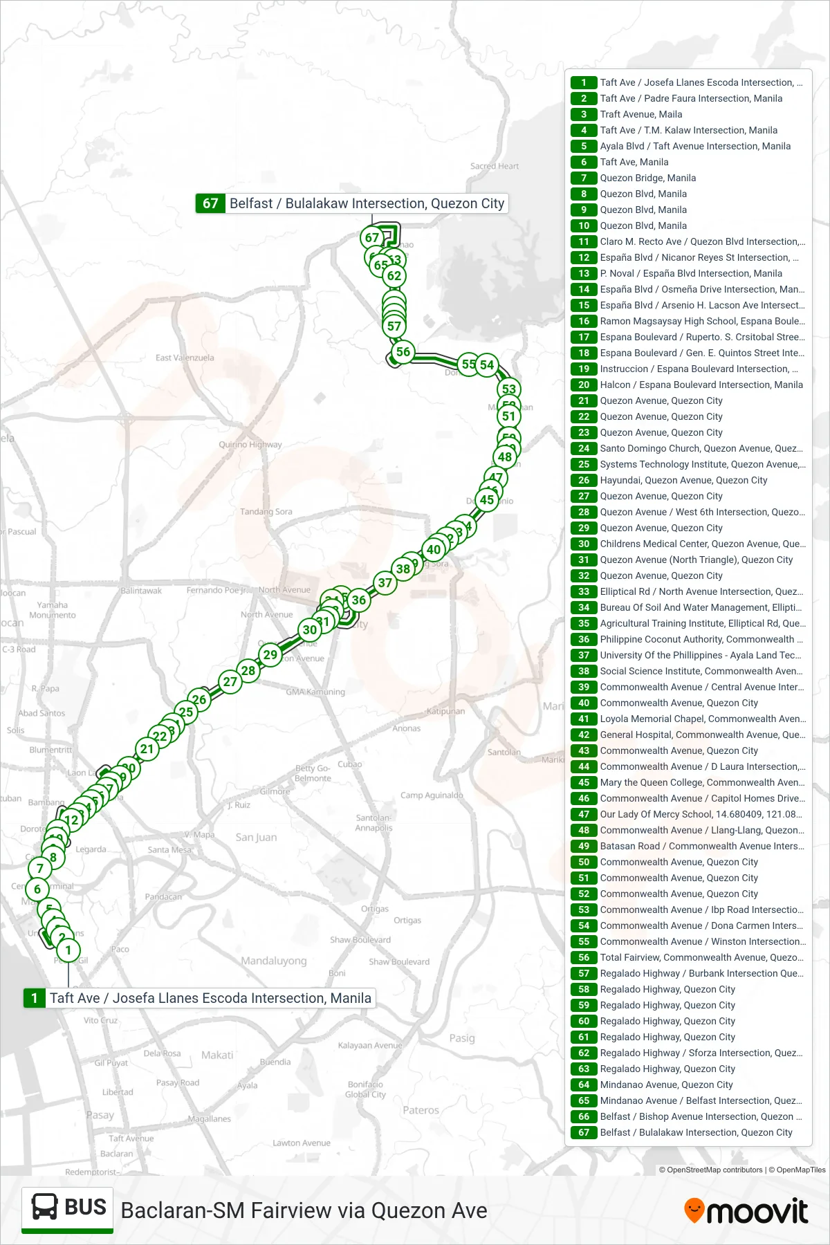BUS bus Line (Taft Ave / Josefa Llanes Escoda Intersection, Manila→Belfast / Bulalakaw Intersection, Quezon City) route and stops on a map
