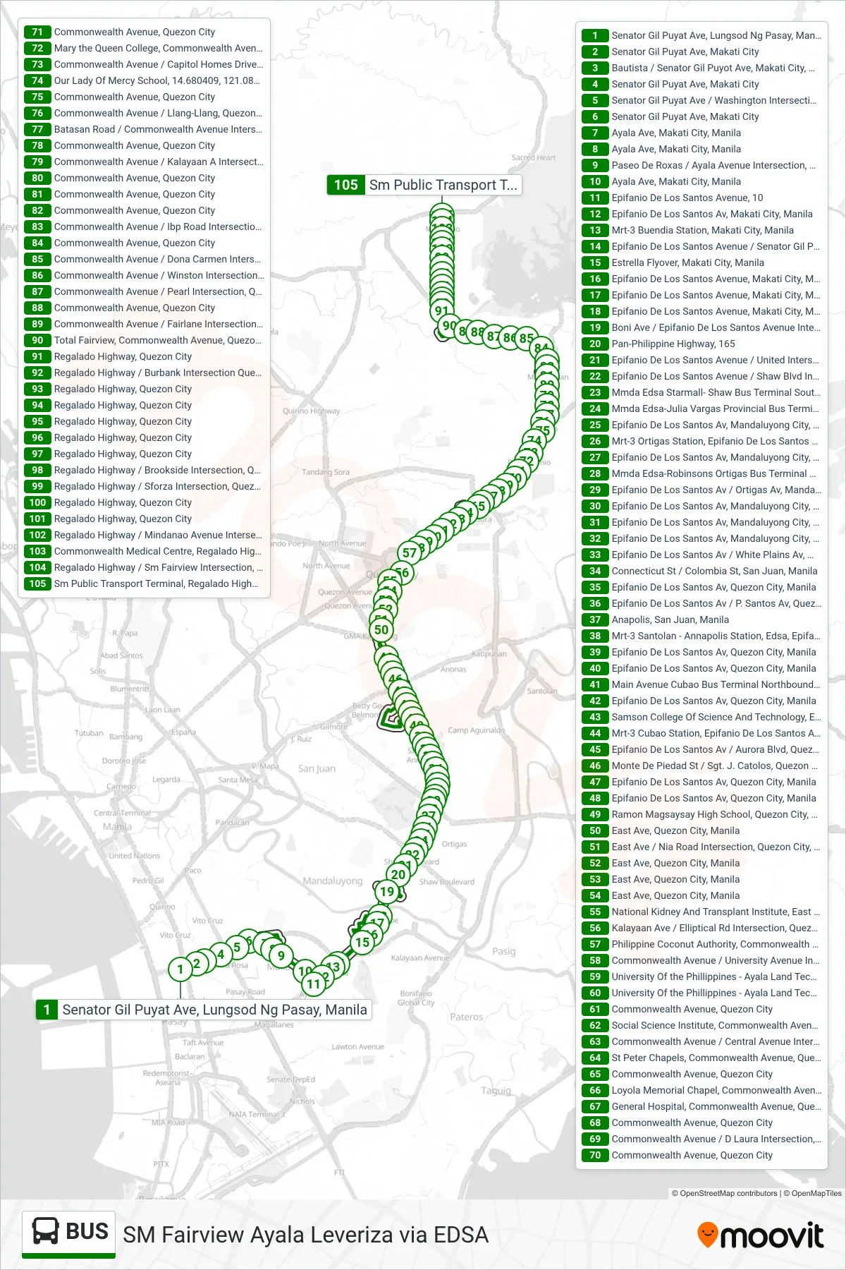 BUS bus Line (Senator Gil Puyat Ave, Lungsod Ng Pasay, Manila→Sm Public Transport Terminal, Regalado Highway, Quezon City) route and stops on a map