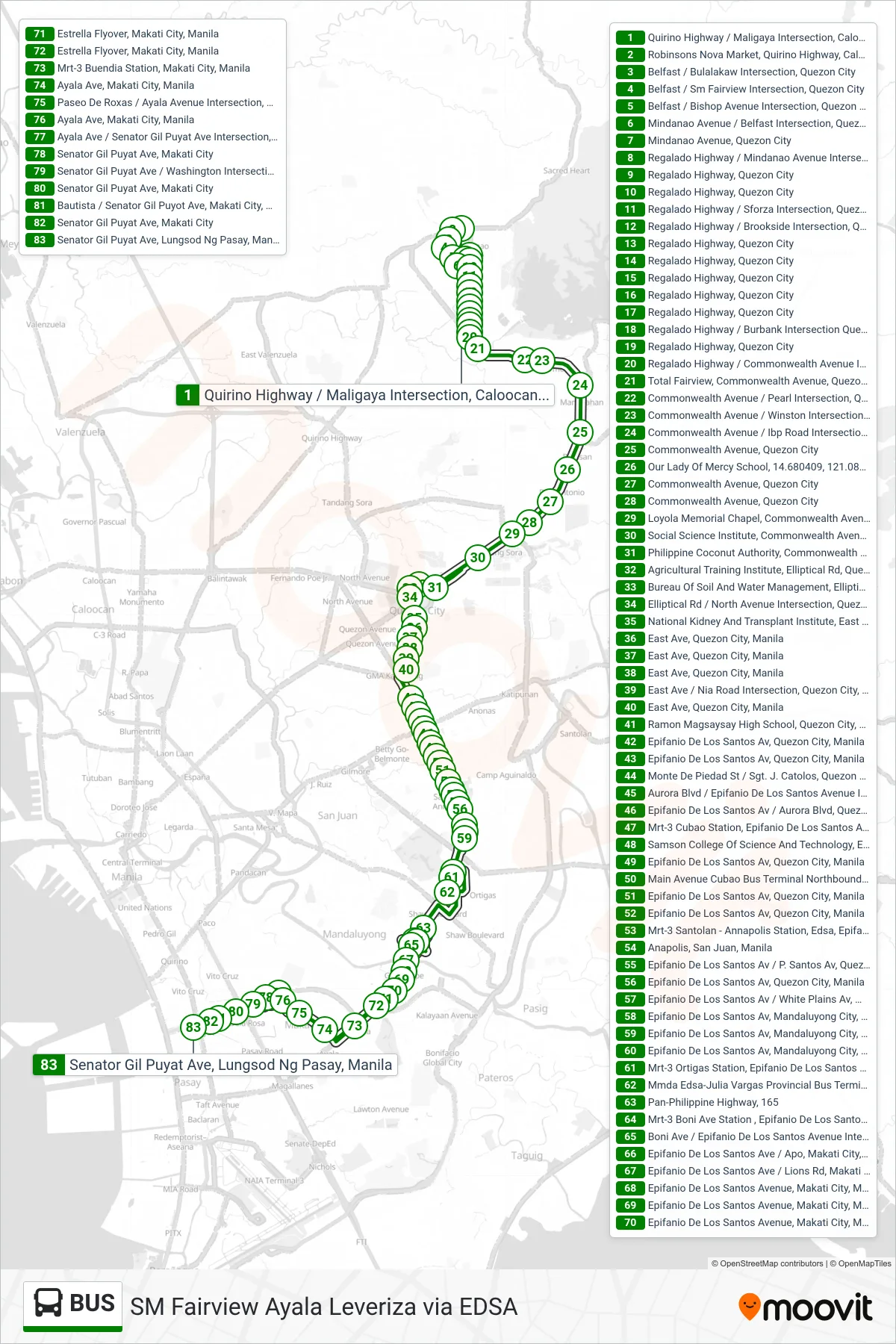 BUS bus Line (Quirino Highway / Maligaya Intersection, Caloocan City‎→Senator Gil Puyat Ave, Lungsod Ng Pasay, Manila) route and stops on a map