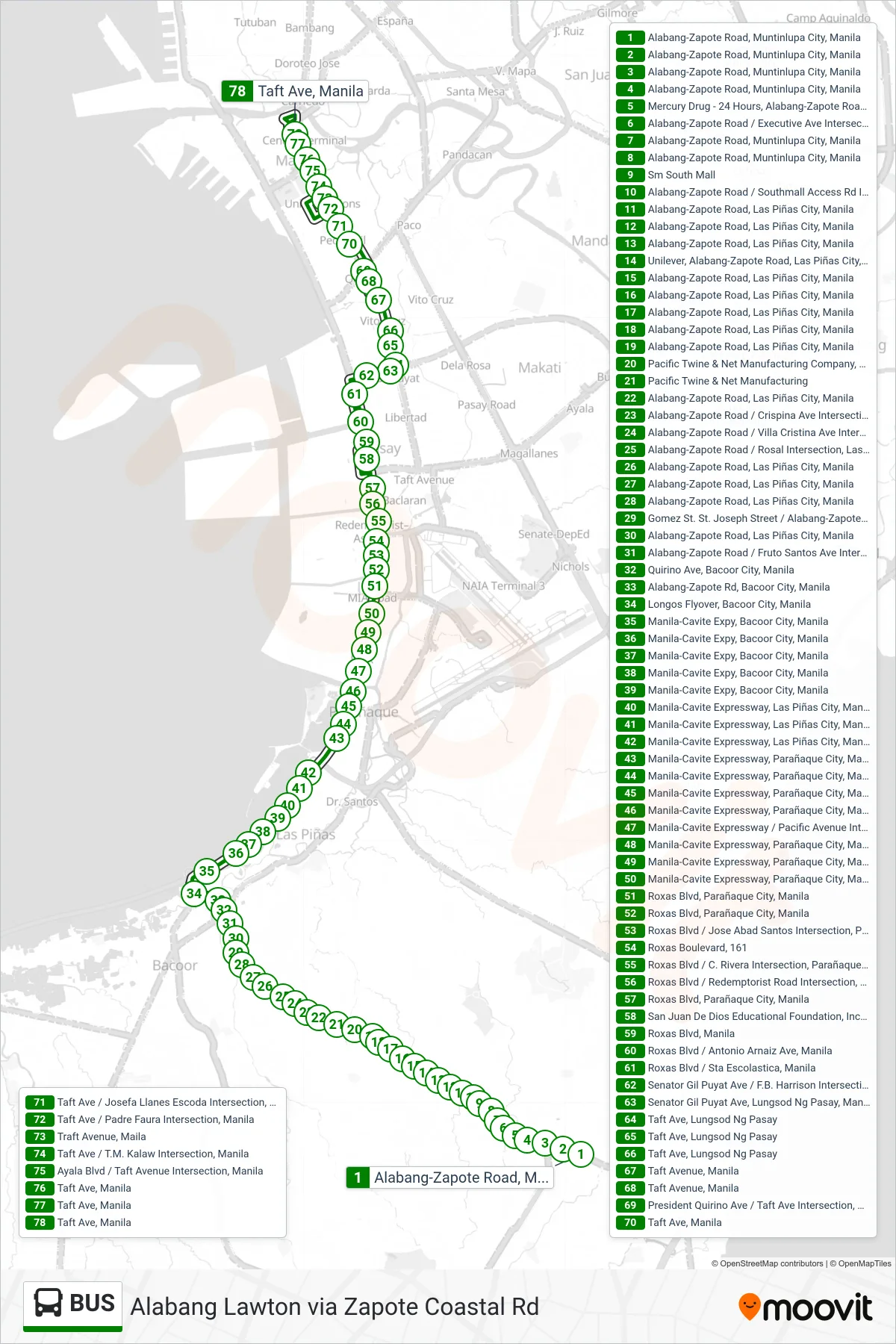 BUS bus Line (Alabang-Zapote Road, Muntinlupa City, Manila→Taft Ave, Manila) route and stops on a map