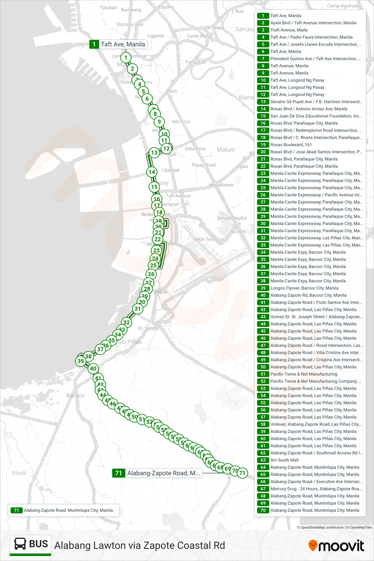 BUS bus Line (Taft Ave, Manila‎→Alabang-Zapote Road, Muntinlupa City, Manila) route and stops on a map