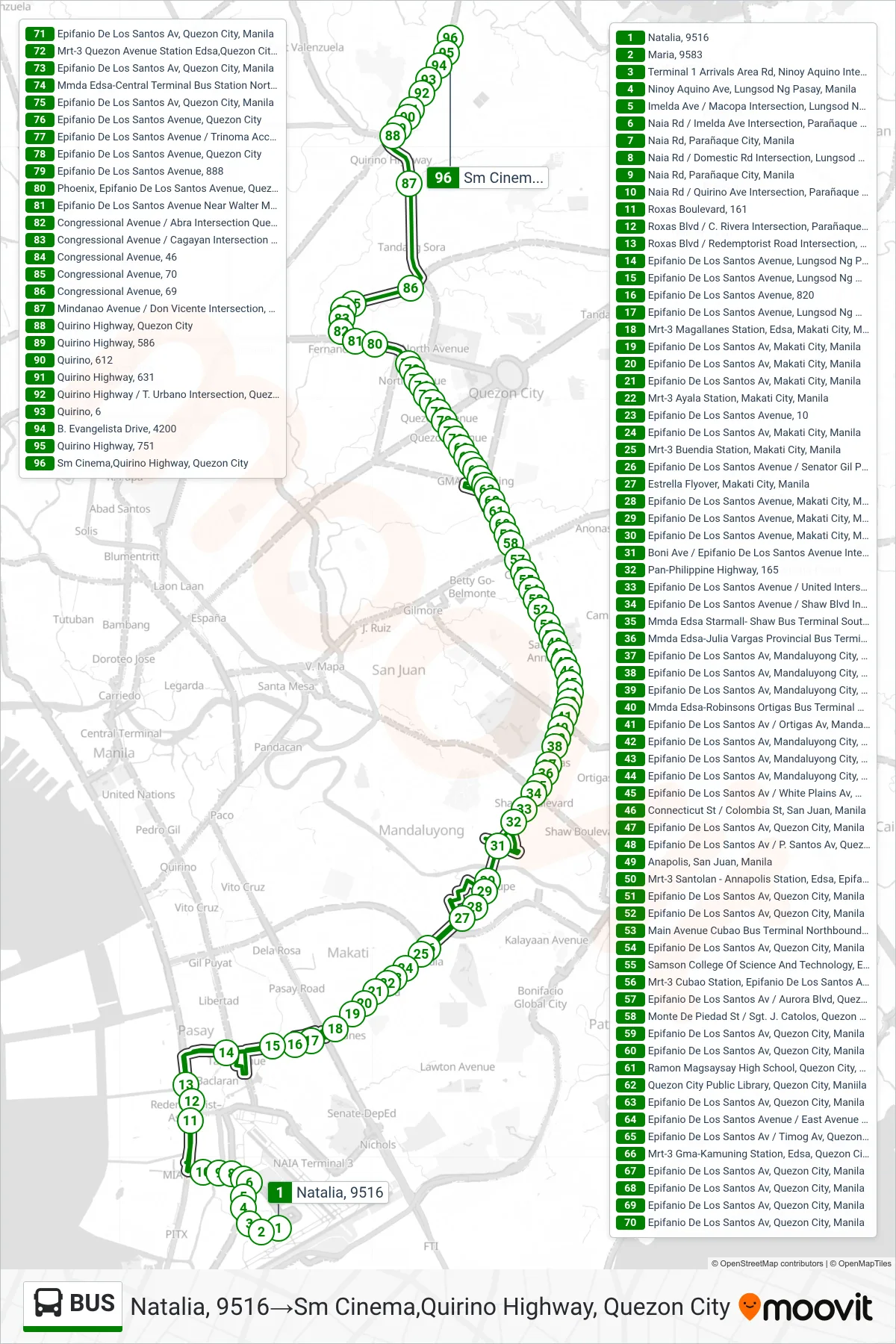 BUS bus Line (Natalia, 9516‎→Sm Cinema,Quirino Highway, Quezon City) route and stops on a map