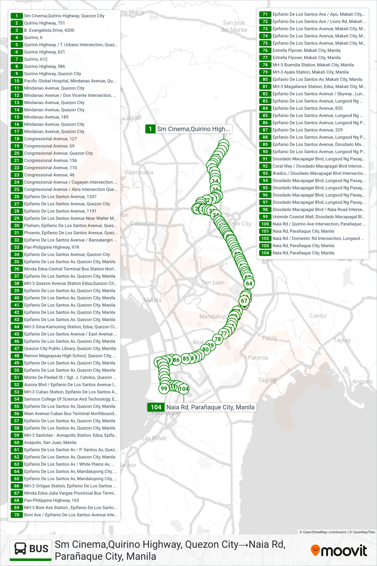 BUS bus Line (Sm Cinema,Quirino Highway, Quezon City‎→Naia Rd, Parañaque City, Manila) route and stops on a map