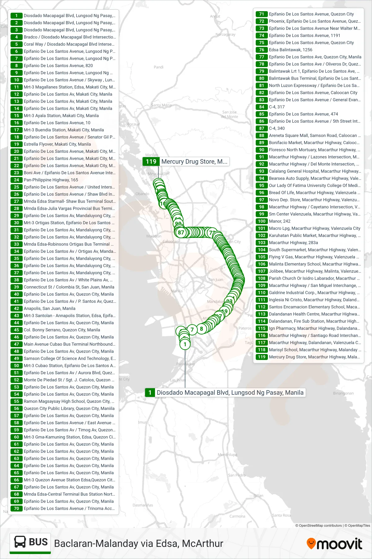 BUS bus Line (Diosdado Macapagal Blvd, Lungsod Ng Pasay, Manila→Mercury Drug Store, Macarthur Highway, Malanday, Valenzuela City) route and stops on a map