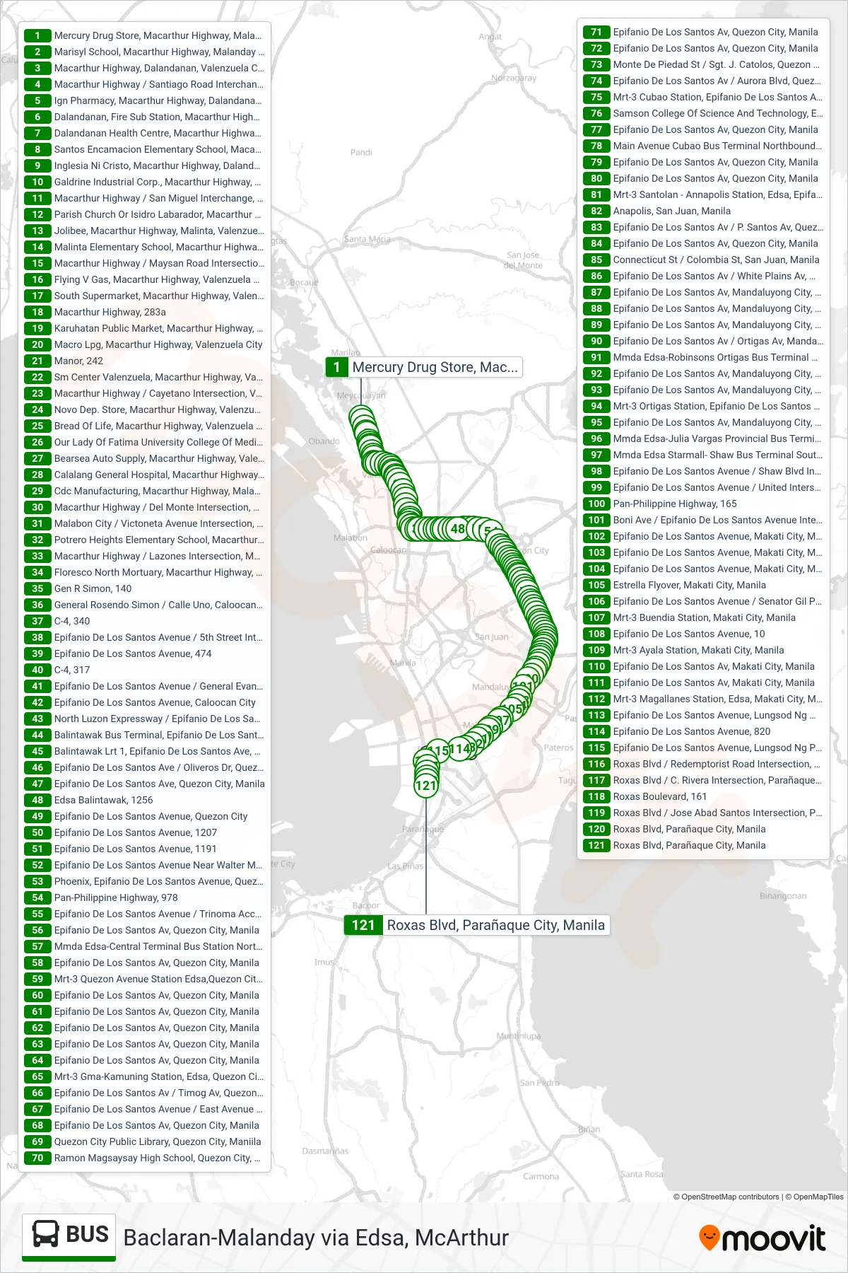 BUS bus Line (Mercury Drug Store, Macarthur Highway, Malanday, Valenzuela City→Roxas Blvd, Parañaque City, Manila) route and stops on a map
