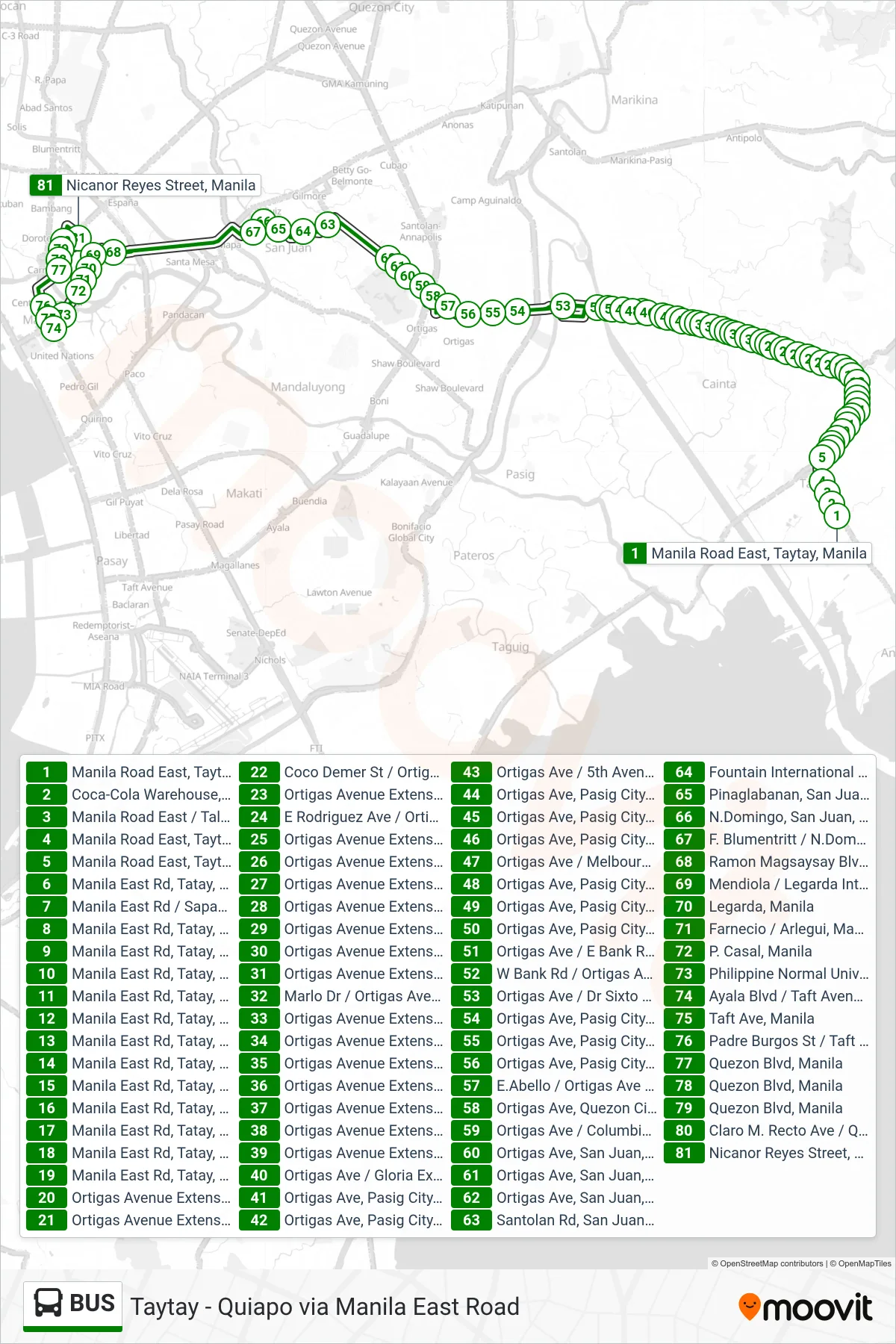 BUS bus Line (Manila Road East, Taytay, Manila‎→Nicanor Reyes Street, Manila) route and stops on a map