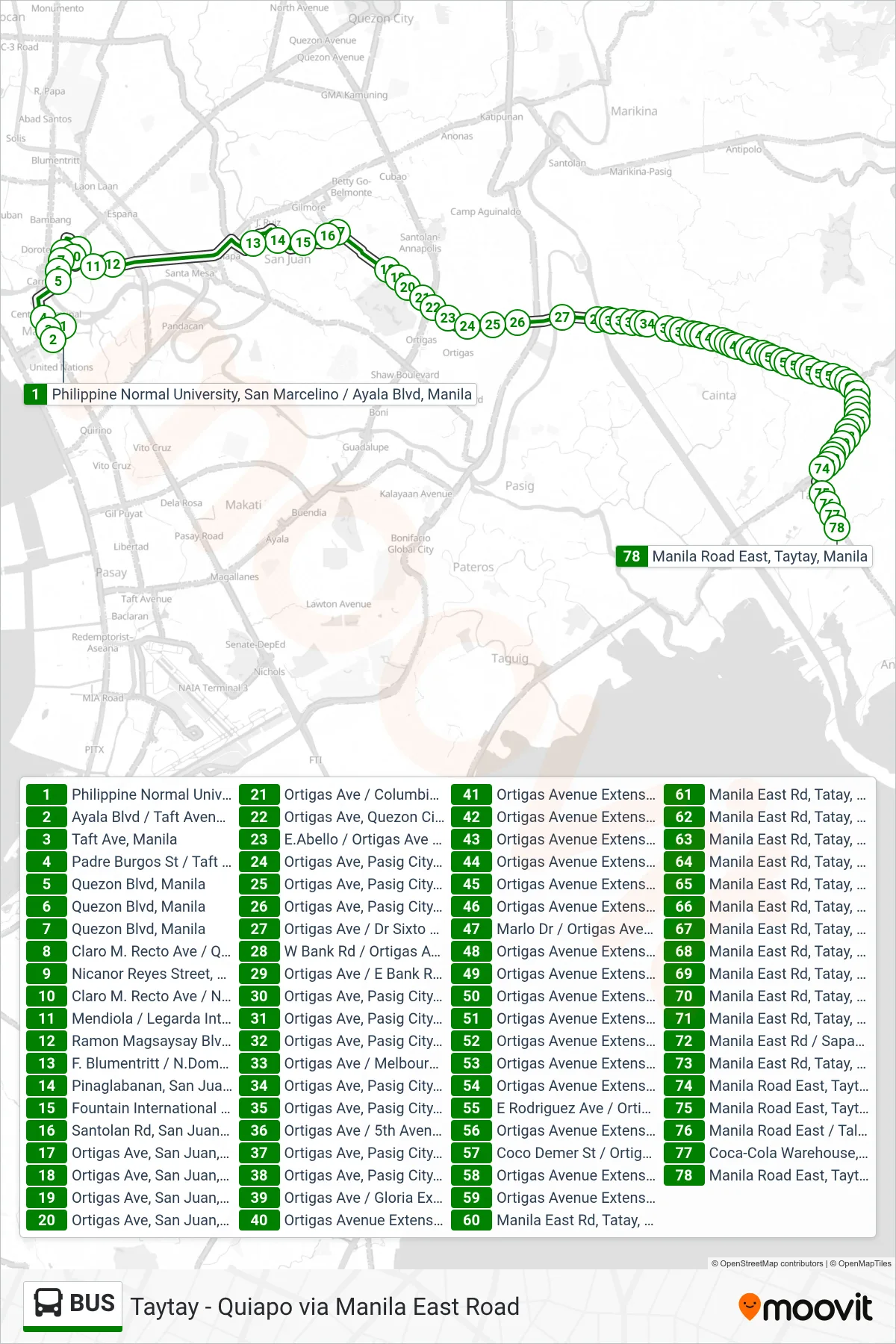 BUS bus Line (Philippine Normal University, San Marcelino / Ayala Blvd, Manila→Manila Road East, Taytay, Manila) route and stops on a map