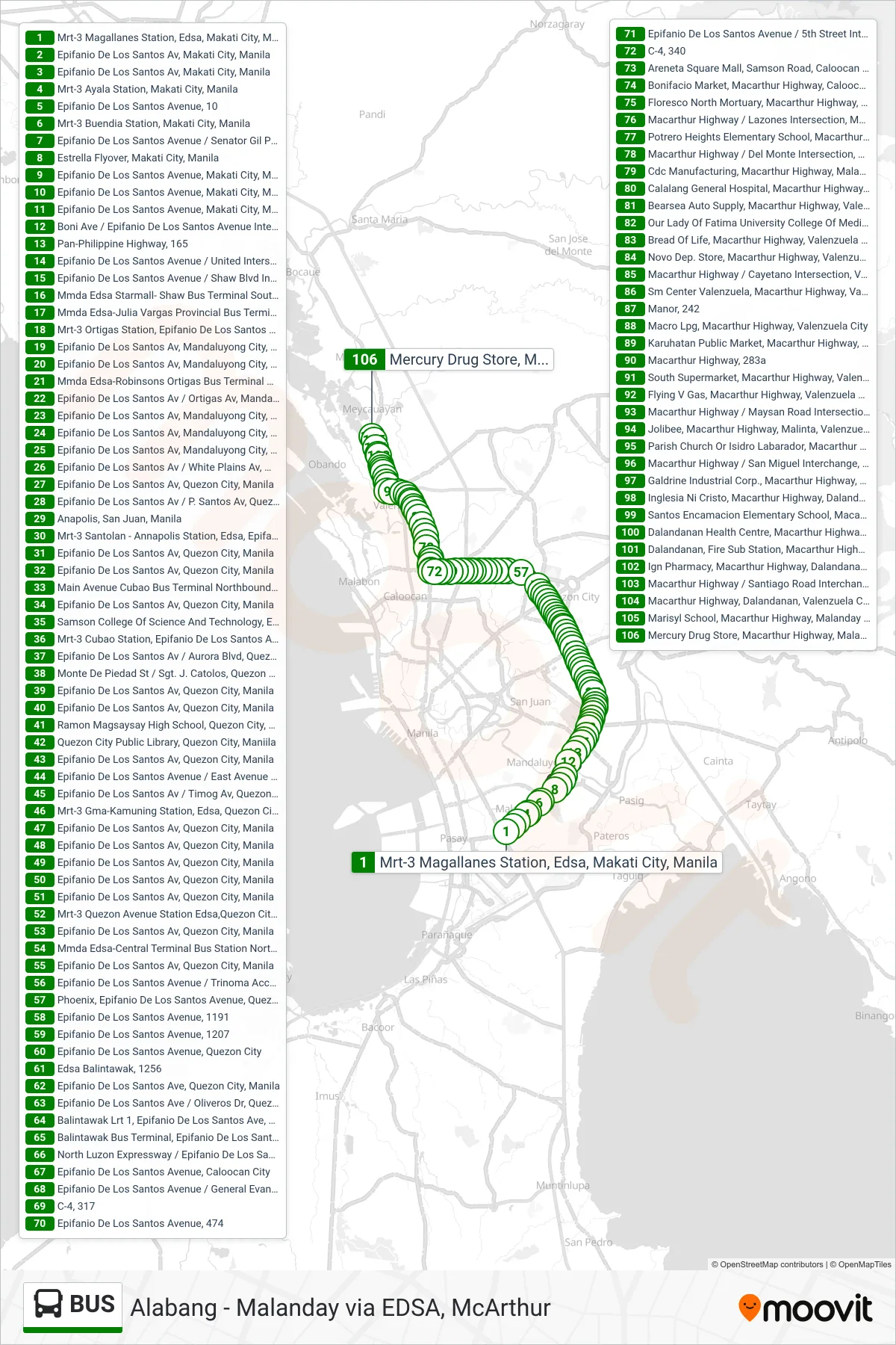 BUS bus Line (Mrt-3 Magallanes Station, Edsa, Makati City, Manila‎→Mercury Drug Store, Macarthur Highway, Malanday, Valenzuela City) route and stops on a map