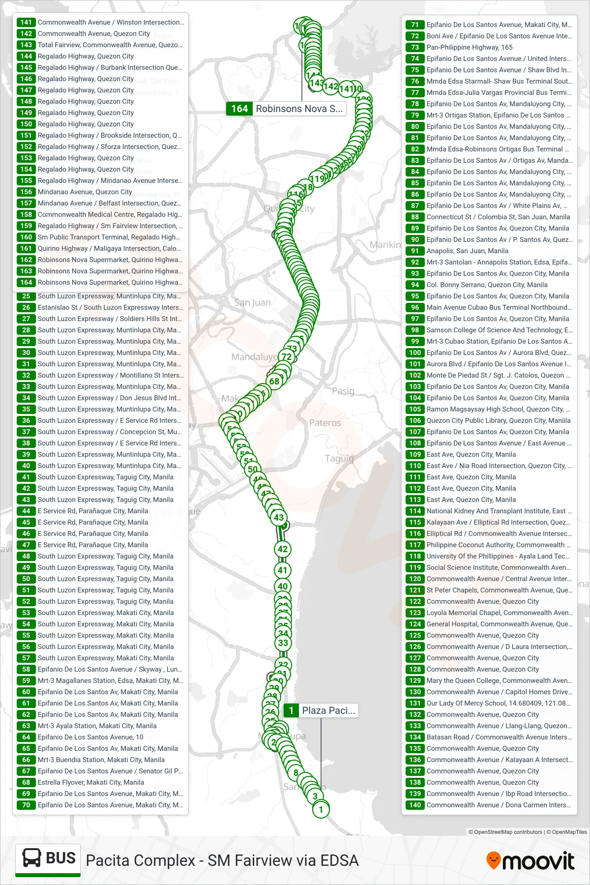 BUS bus Line (Plaza Pacita Bus Terminal, National Highway / Pacita Av, San Pedro, Manila‎→Robinsons Nova Supermarket, Quirino Highway, Caloocan City, Manila) route and stops on a map