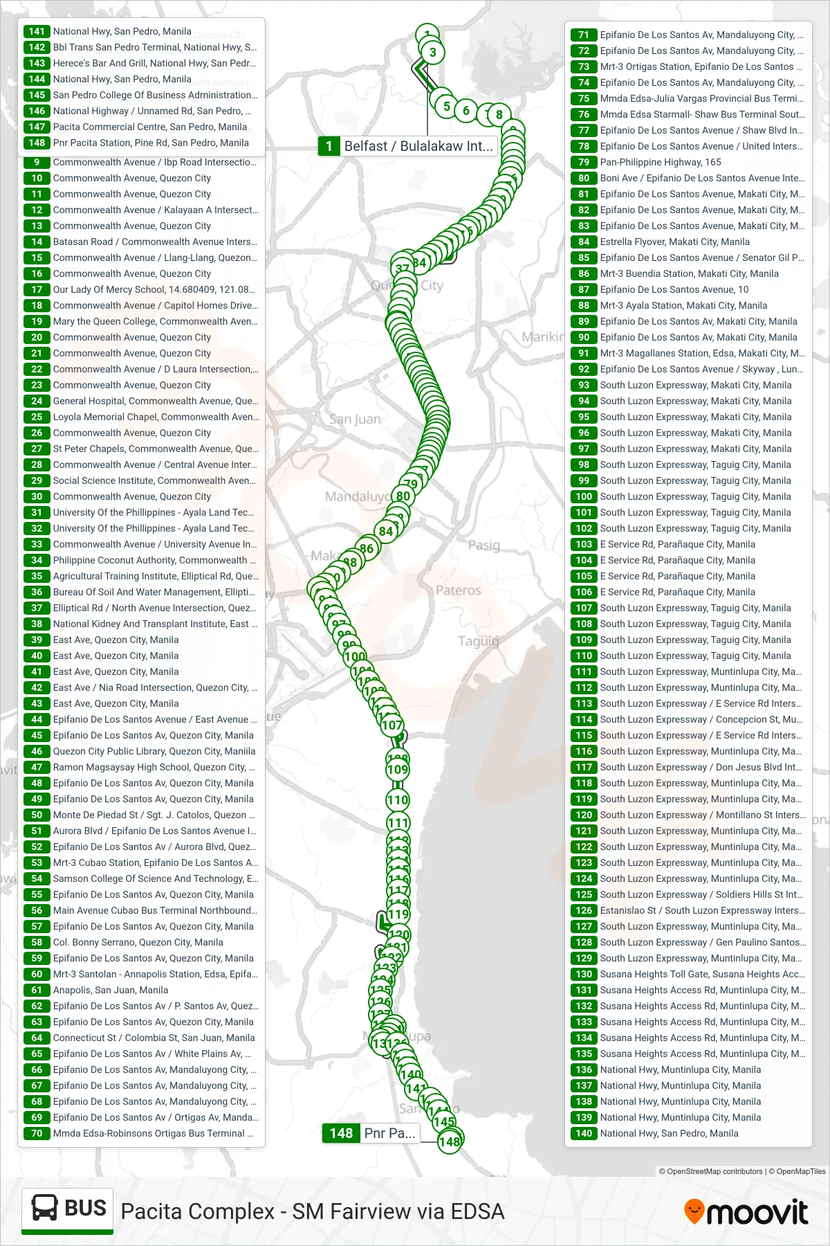 BUS bus Line (Belfast / Bulalakaw Intersection, Quezon City→Pnr Pacita Station, Pine Rd, San Pedro, Manila) route and stops on a map