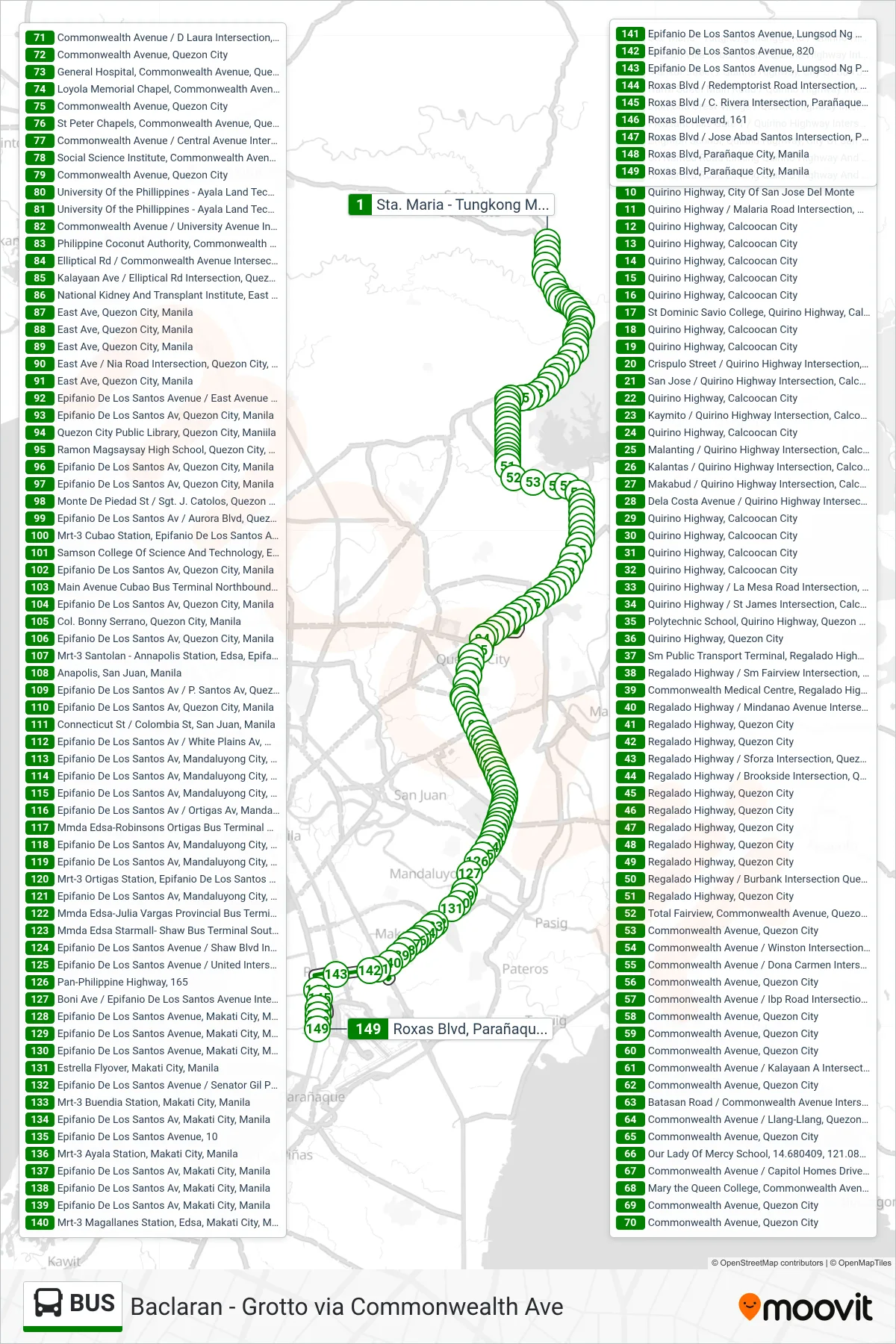 BUS bus Line (Sta. Maria - Tungkong Mangga Rd / Quirino Highway Intersection, City Of San Jose Del Monte‎→Roxas Blvd, Parañaque City, Manila) route and stops on a map
