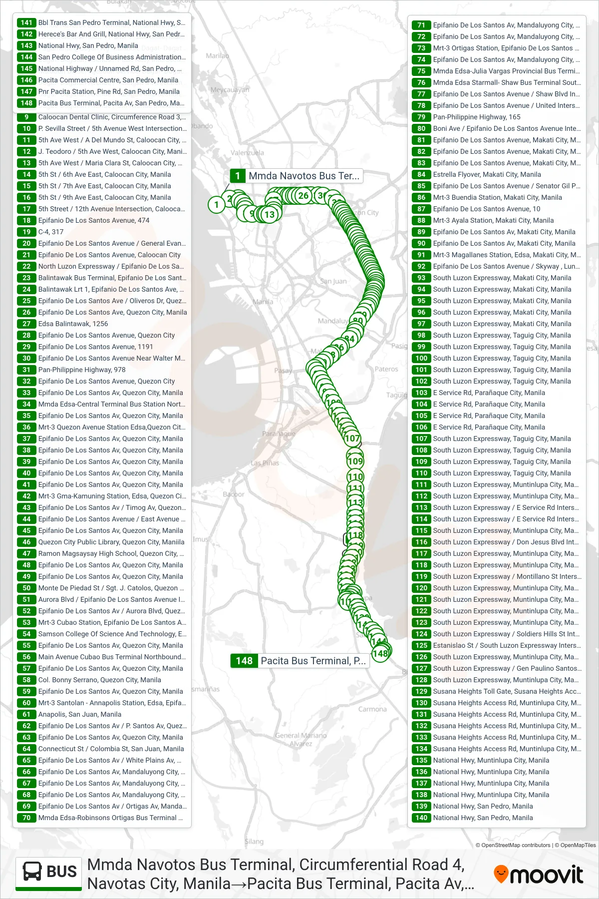 BUS bus Line (Mmda Navotos Bus Terminal, Circumferential Road 4, Navotas City, Manila‎→Pacita Bus Terminal,  Pacita Av, San Pedro, Manila) route and stops on a map