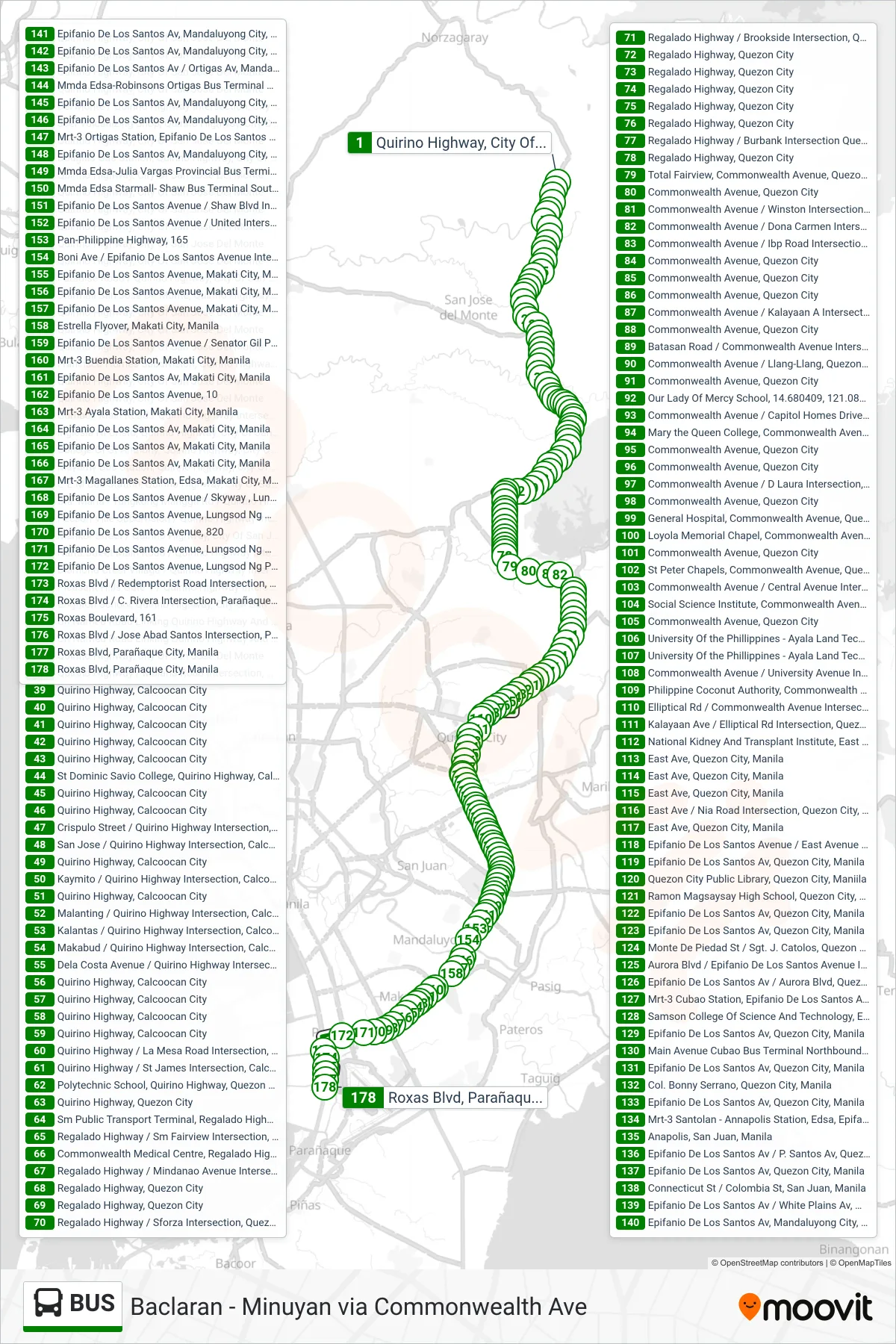 BUS bus Line (Quirino Highway, City Of San Jose Del Monte→Roxas Blvd, Parañaque City, Manila) route and stops on a map
