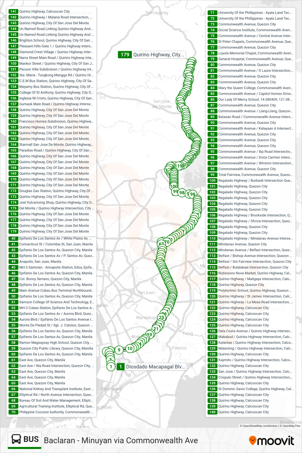 BUS bus Line (Diosdado Macapagal Blvd, Lungsod Ng Pasay, Manila‎→Quirino Highway, City Of San Jose Del Monte) route and stops on a map