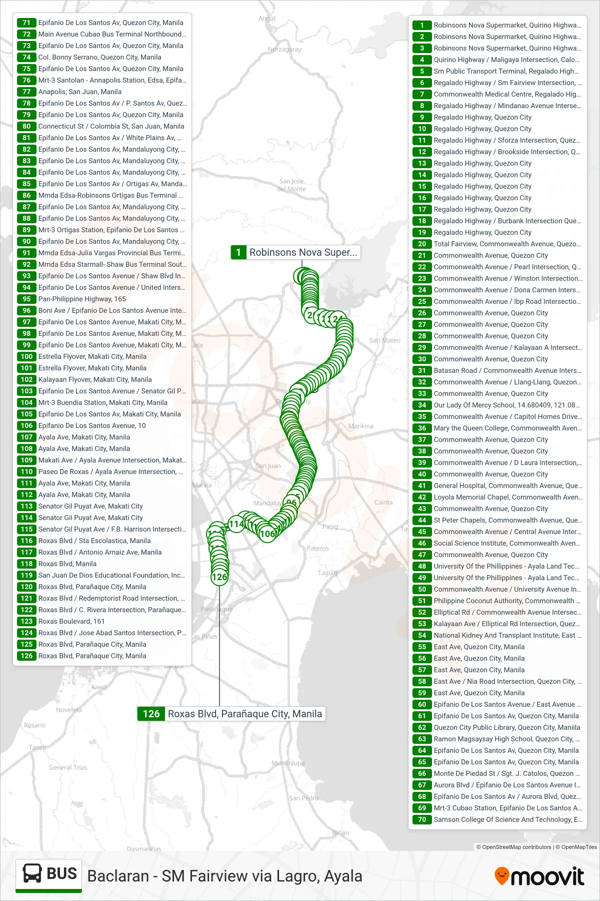 BUS bus Line (Robinsons Nova Supermarket, Quirino Highway, Caloocan City, Manila→Roxas Blvd, Parañaque City, Manila) route and stops on a map